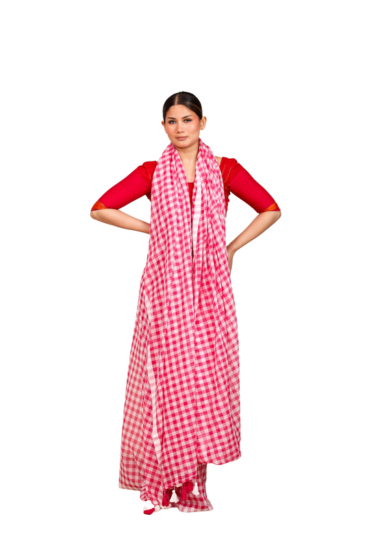 Pink and white checkered  pure cotton saree