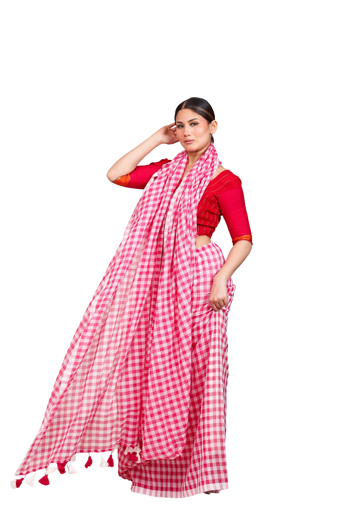 Pink and white checkered  pure cotton saree