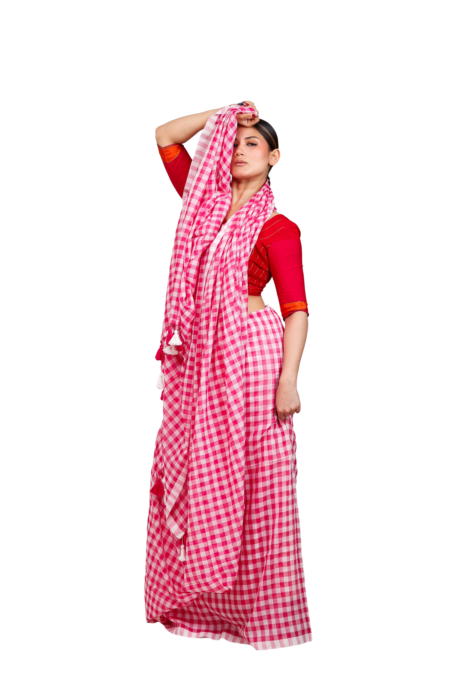 Pink and white checkered  pure cotton saree