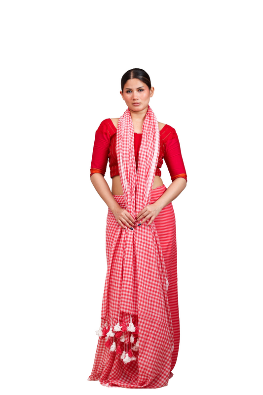 Peach pink and white checkered pure cotton saree