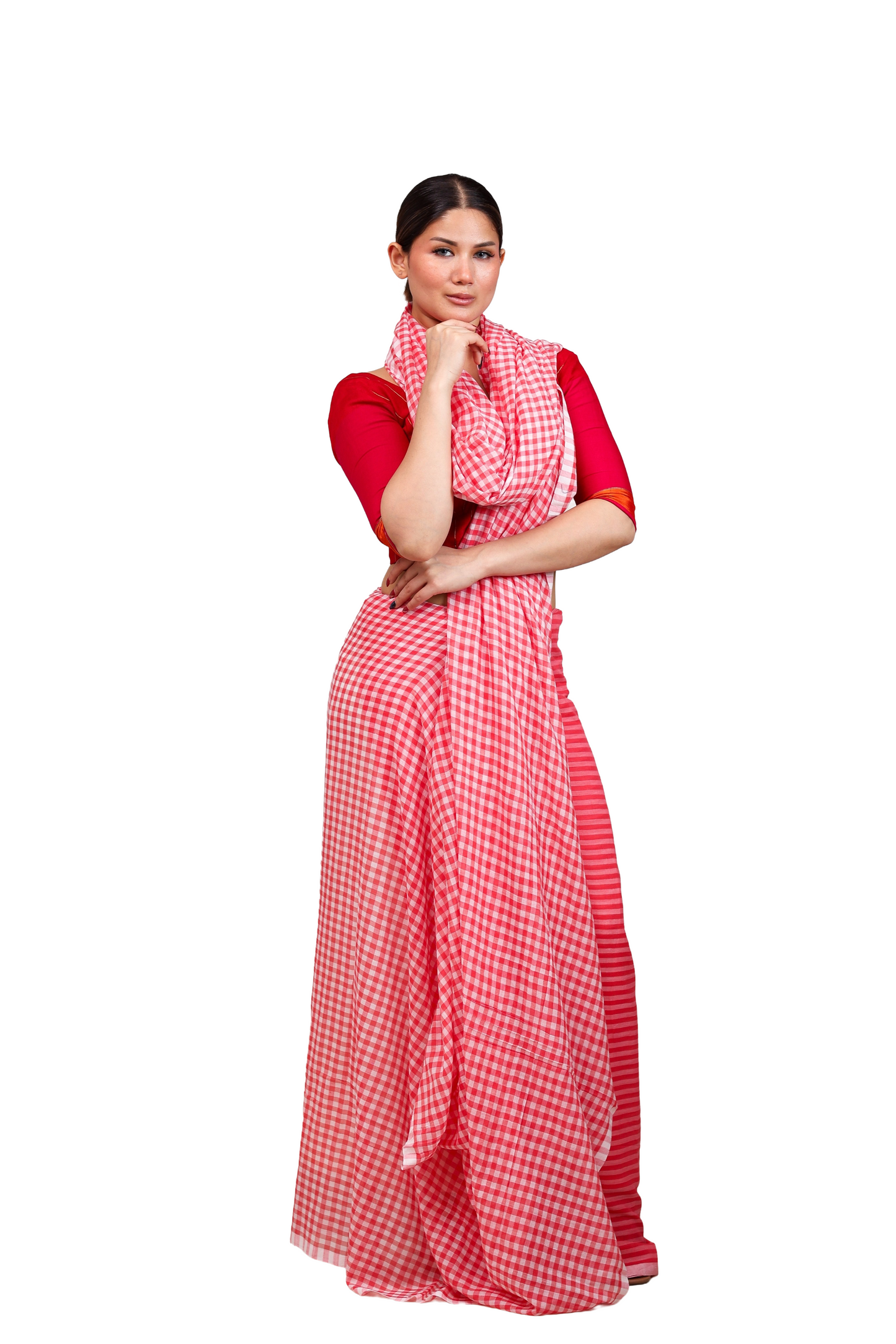 Peach pink and white checkered pure cotton saree