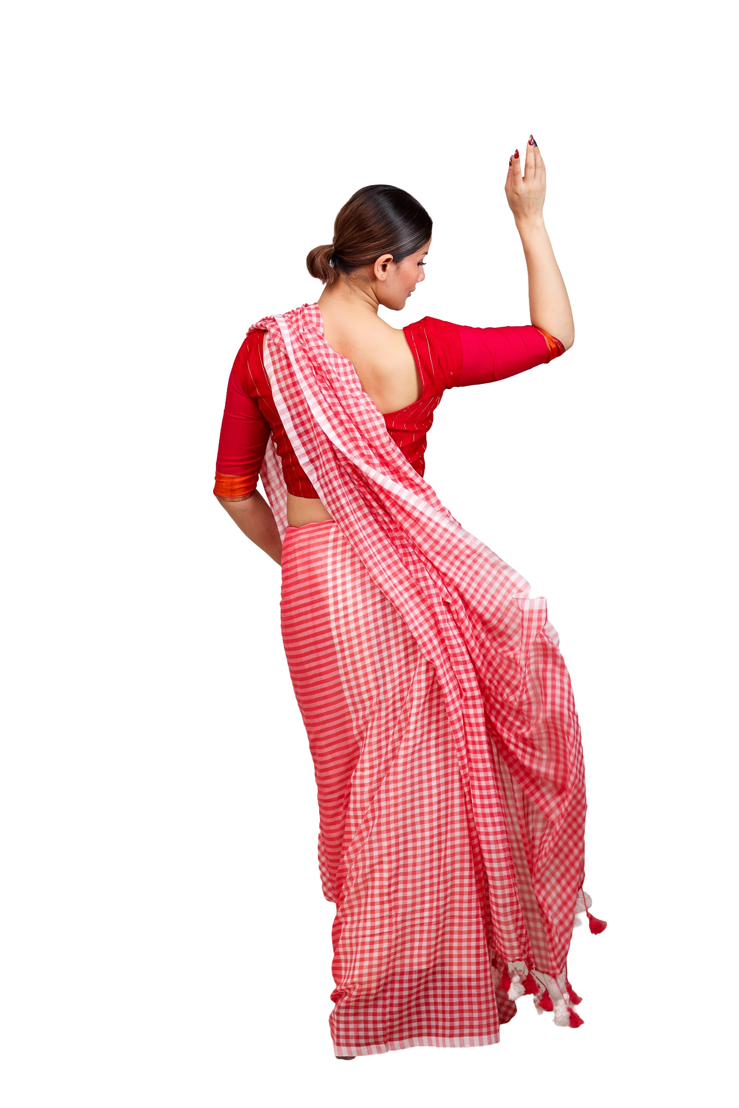 Peach pink and white checkered pure cotton saree