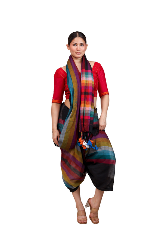 Multicoloured stripes on black pure cotton saree