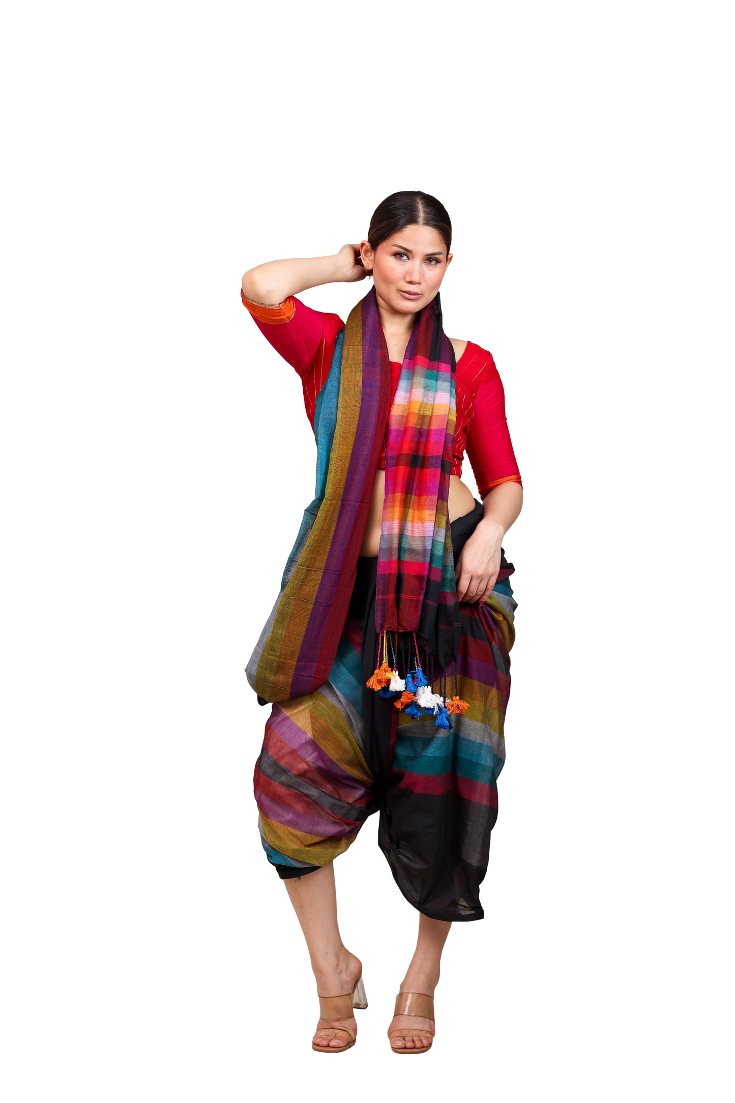 Multicoloured stripes on black pure cotton saree