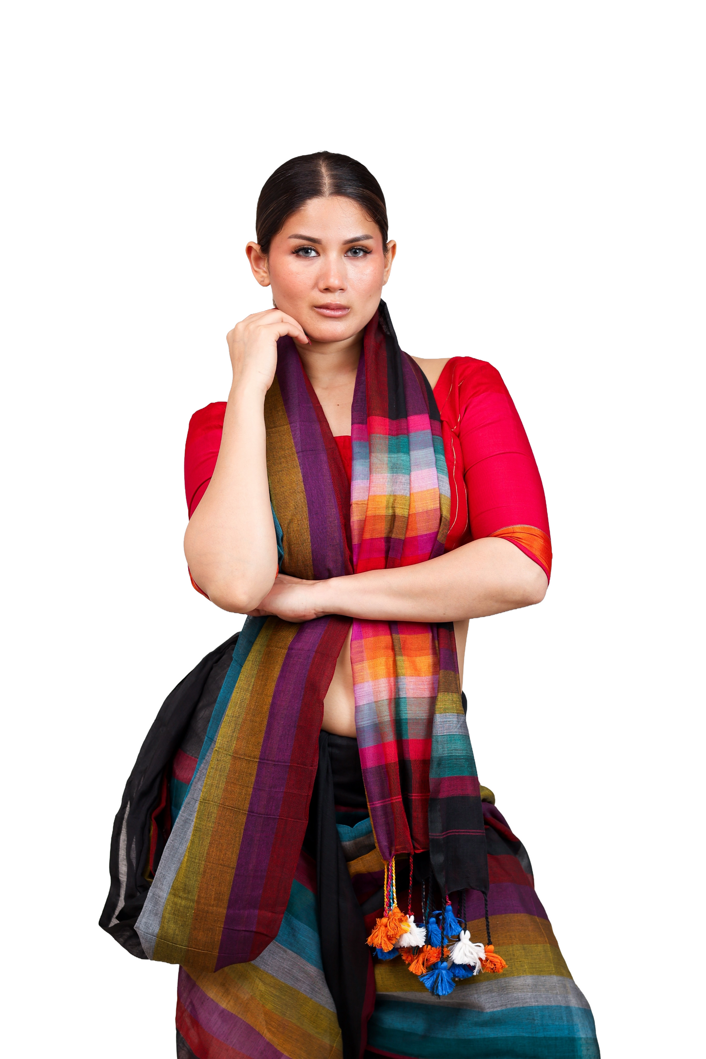 Multicoloured stripes on black pure cotton saree