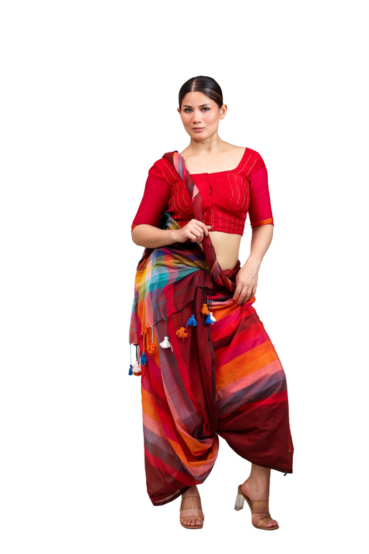 Multicoloured stripes on maroon pure cotton saree