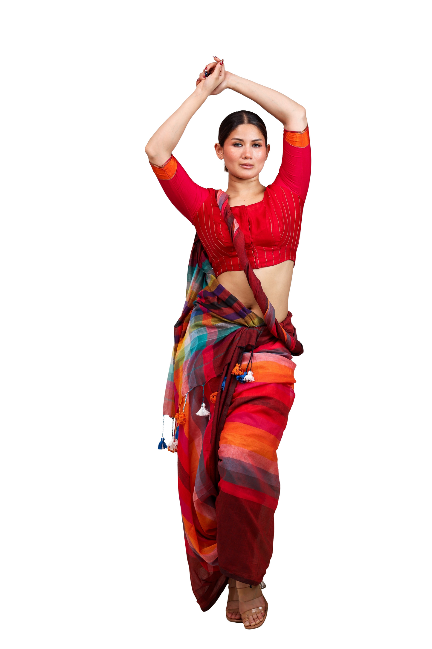Multicoloured stripes on maroon pure cotton saree