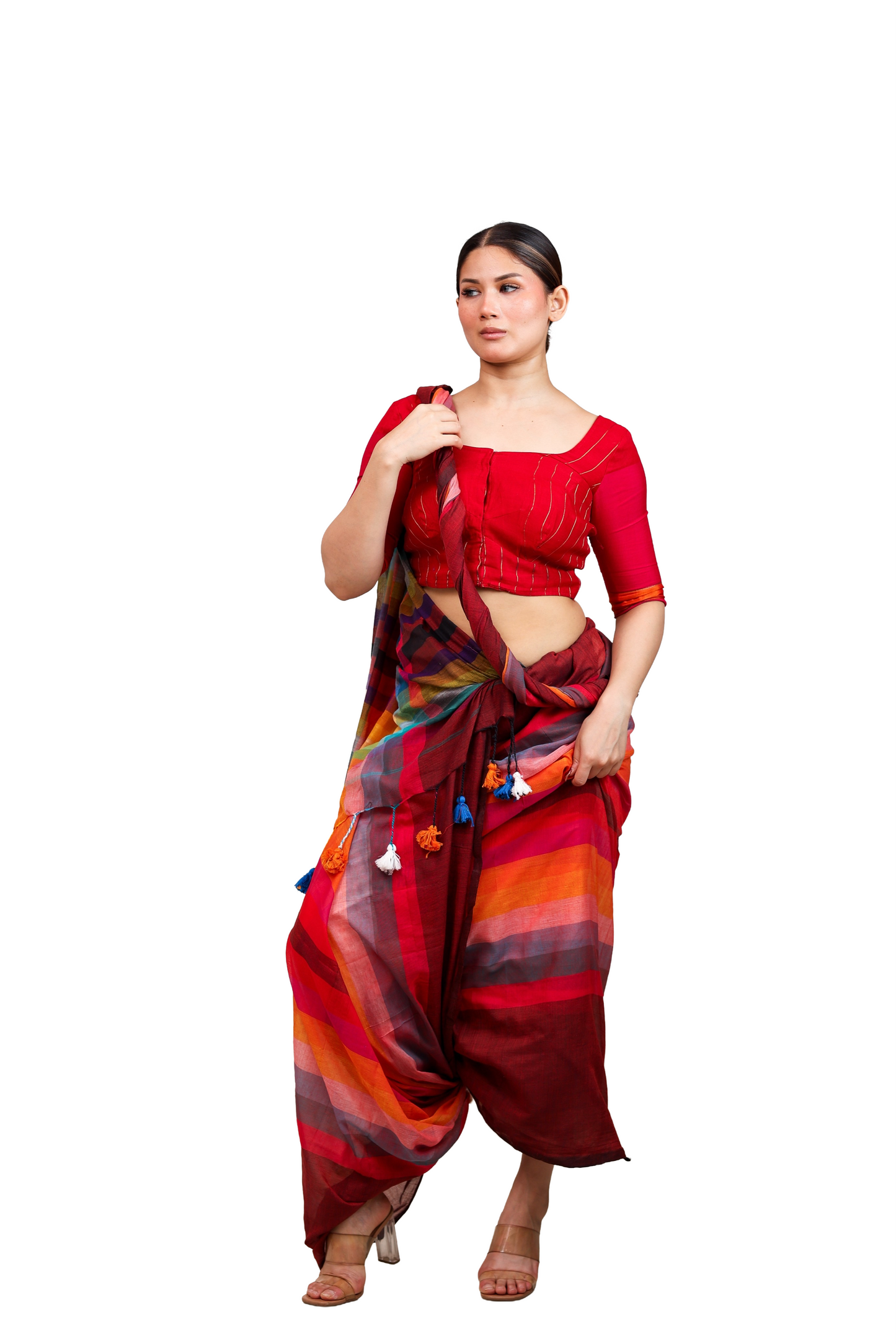 Multicoloured stripes on maroon pure cotton saree
