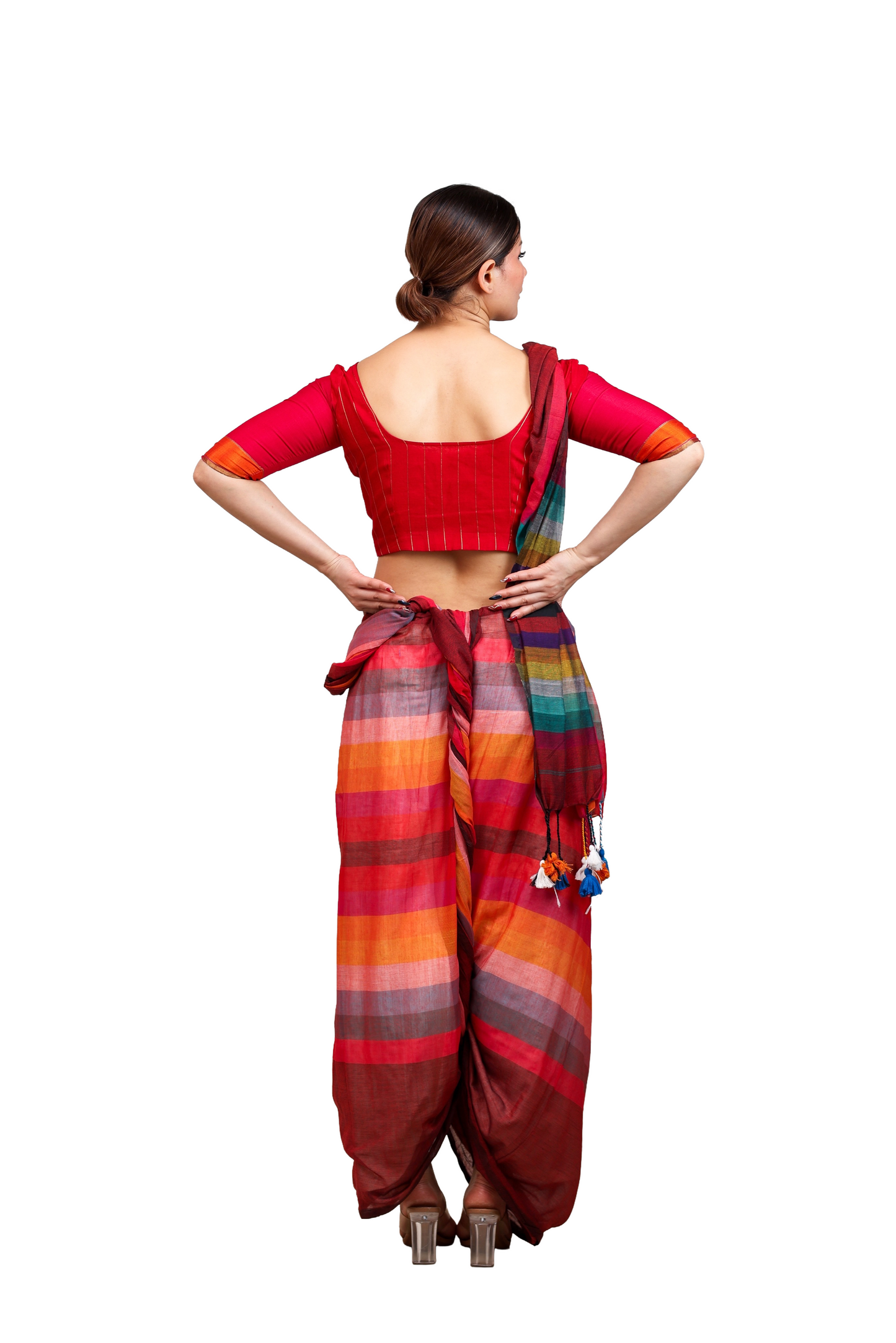 Multicoloured stripes on maroon pure cotton saree