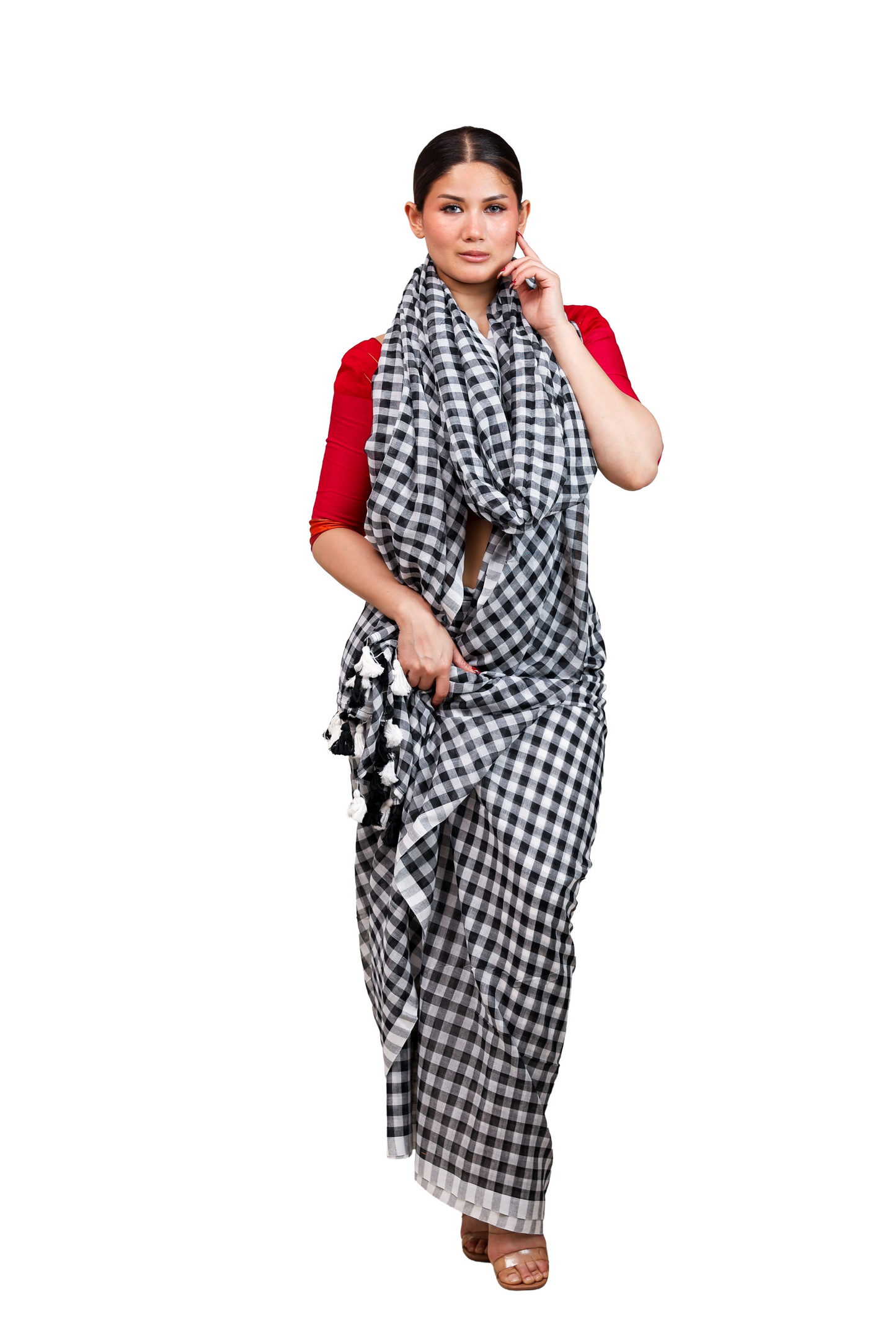 Black and white checkered pure cotton saree