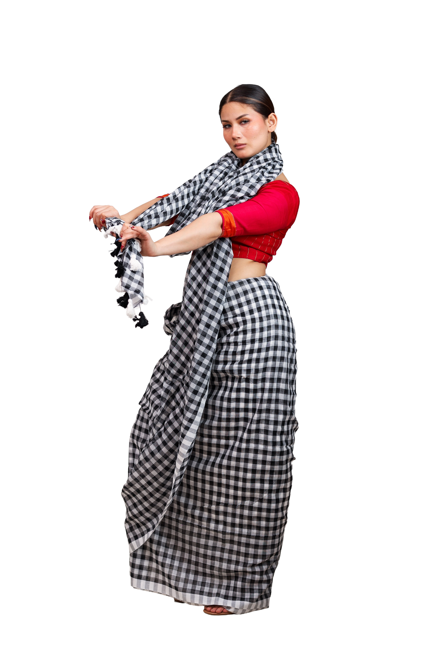 Black and white checkered pure cotton saree