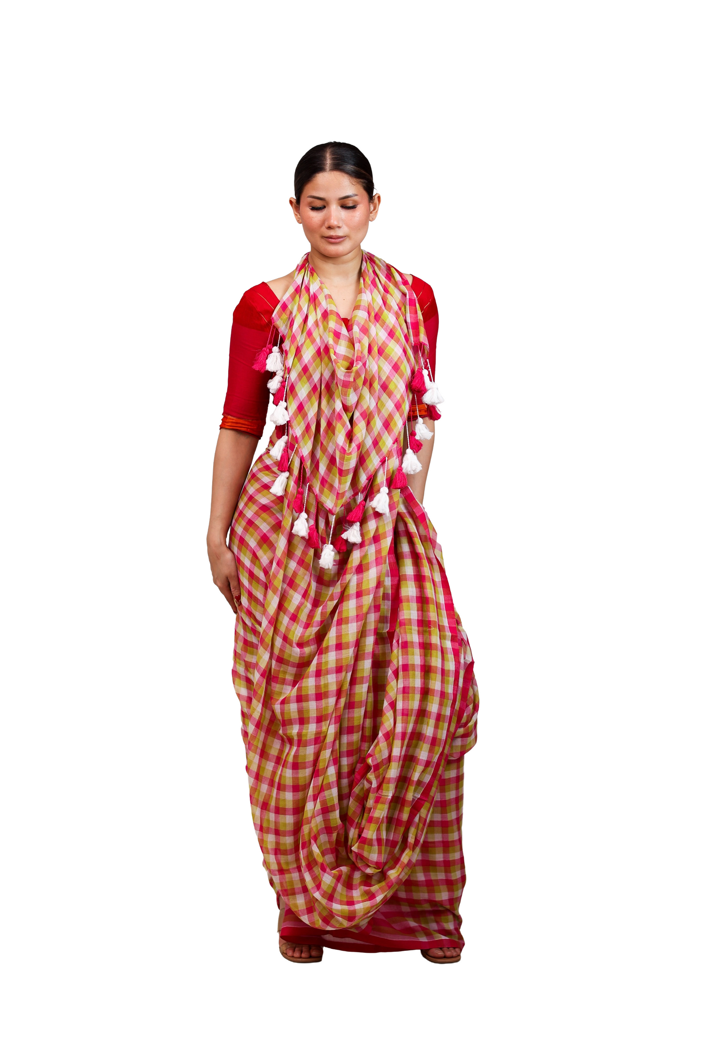 Multicoloured checkered pure cotton saree