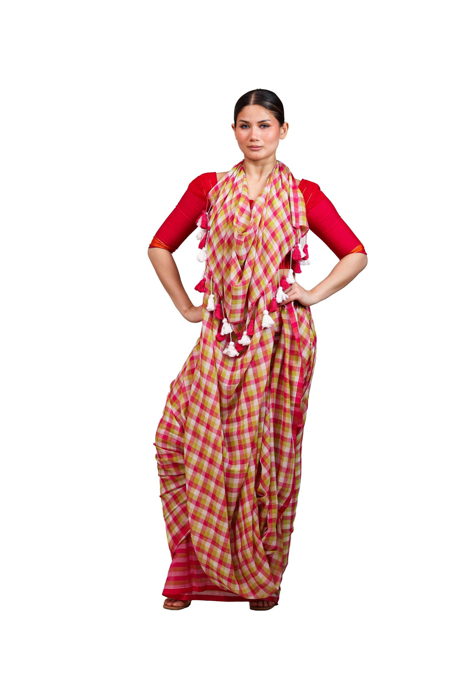 Multicoloured checkered pure cotton saree