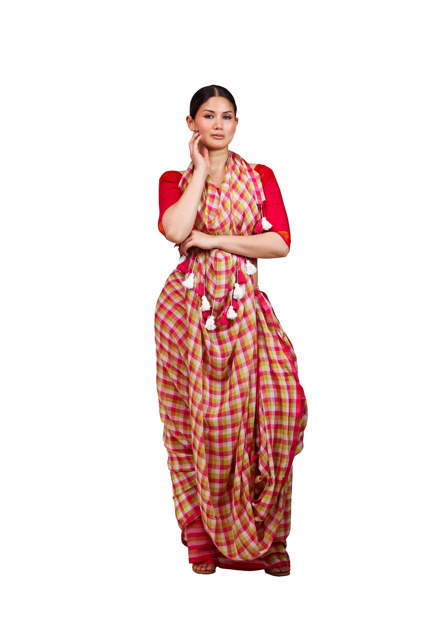 Multicoloured checkered pure cotton saree
