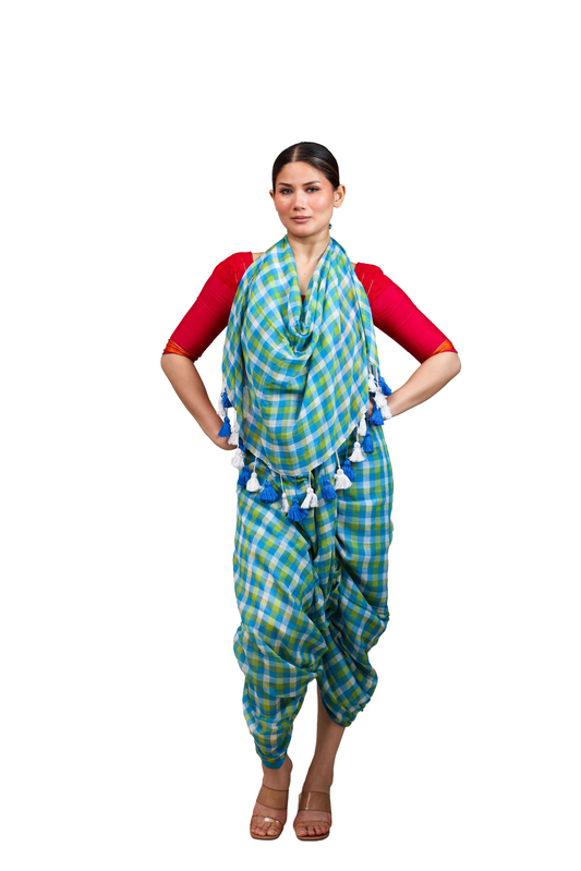 Iced blue and white checkered pure cotton saree