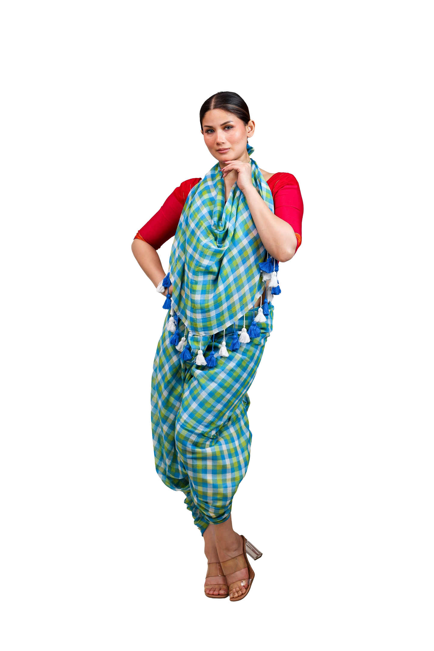 Iced blue and white checkered pure cotton saree