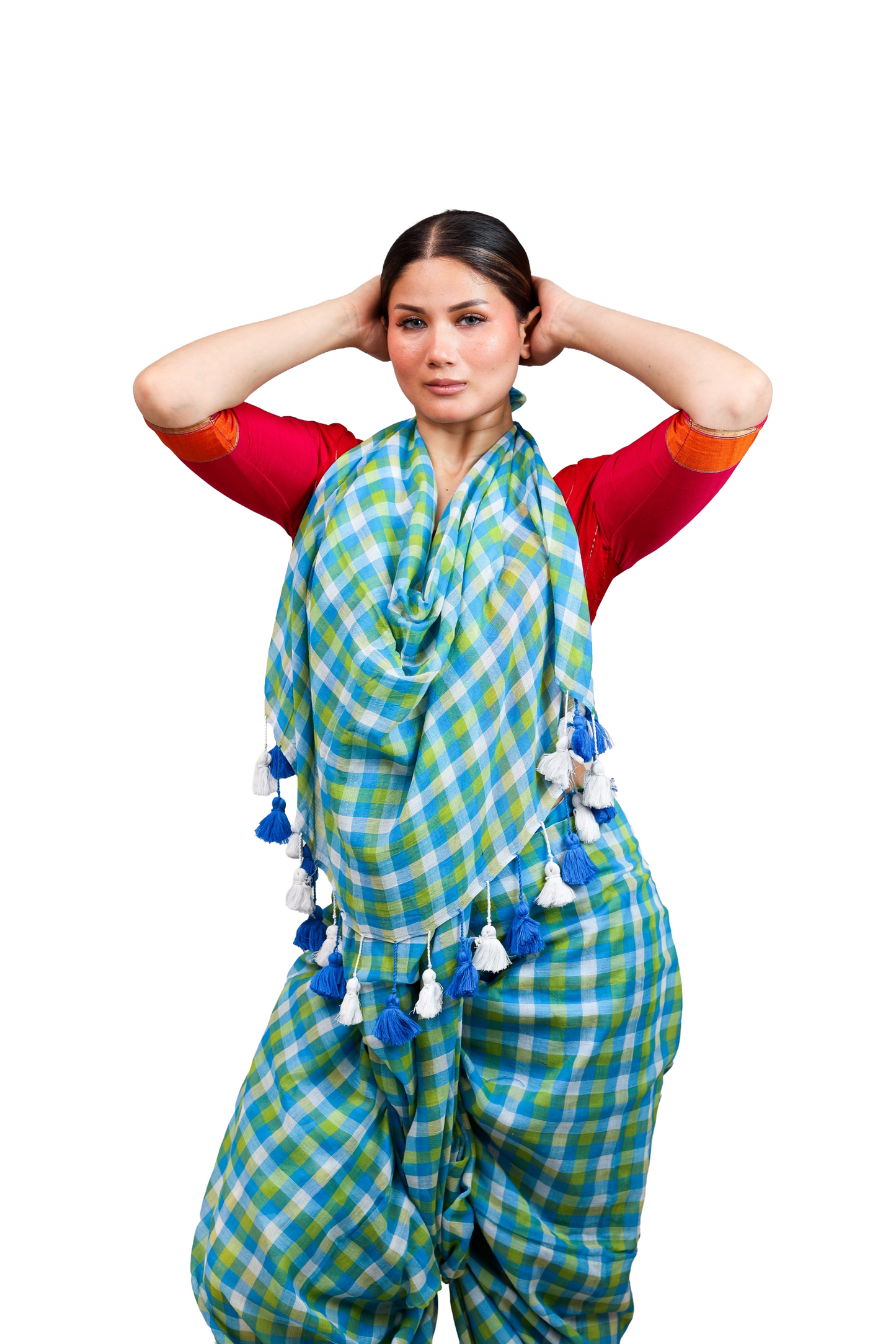 Iced blue and white checkered pure cotton saree