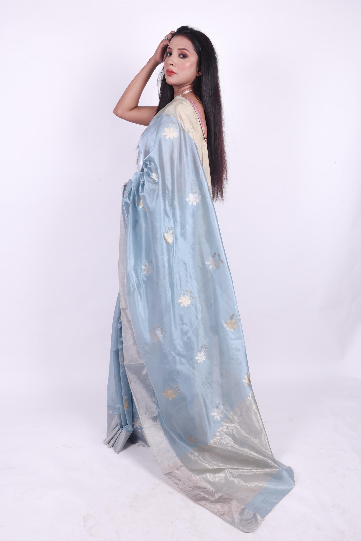 Iced blue pure chanderi silk handwoven saree with meenakari phool butti,2