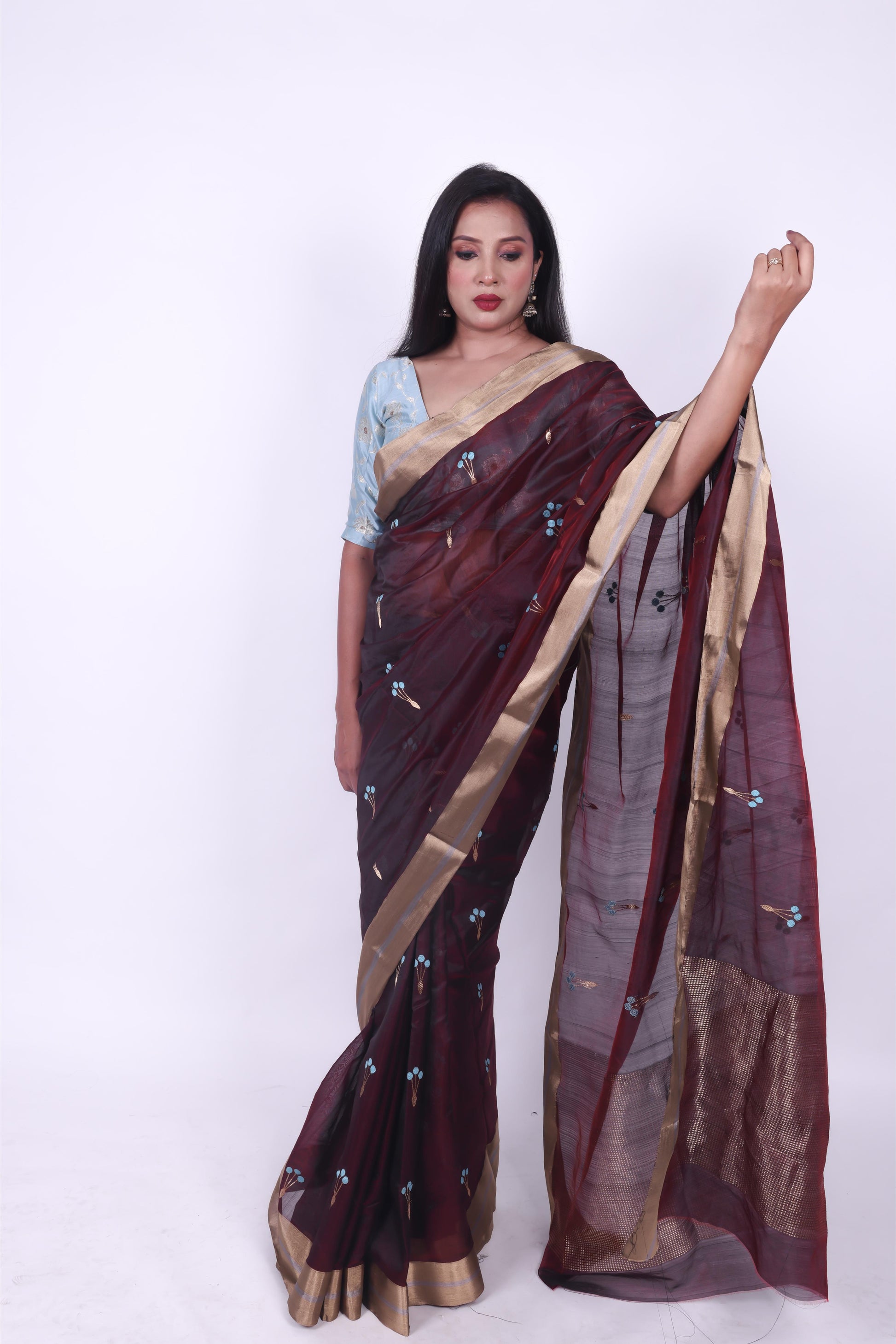 Wine pure chanderi silk handwoven saree with eknaliya meenakari butti,1