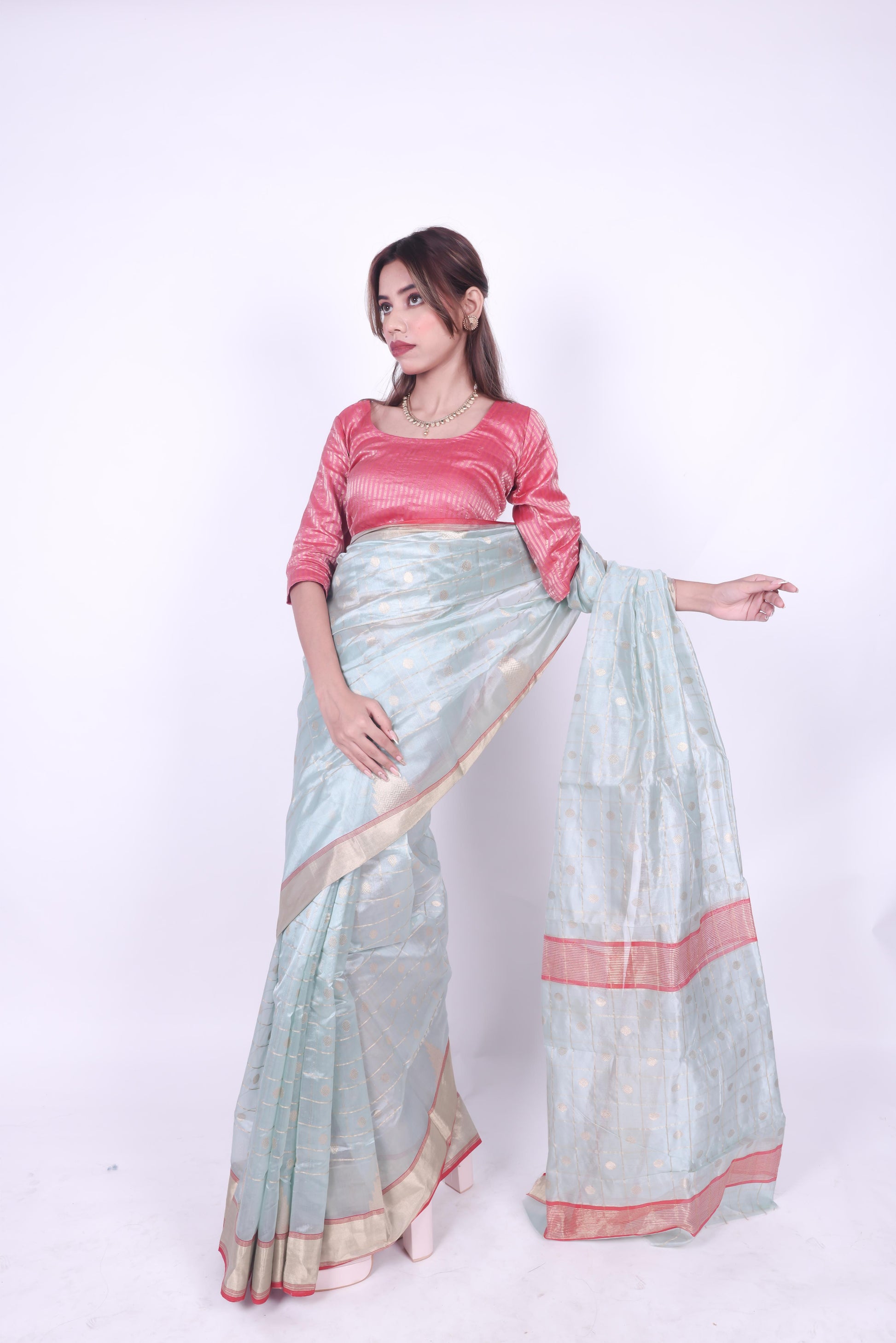 Iced blue pure handwoven chanderi silk saree with  woven zari checks and polkas,2