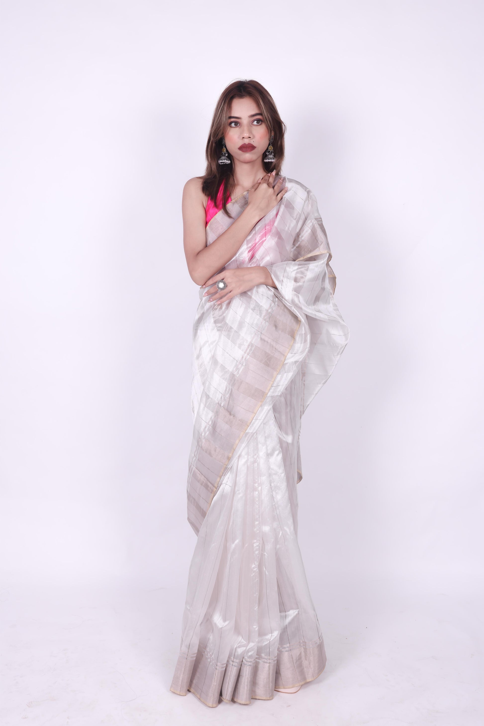 White pure handwoven chanderi silk and tissue stripe saree,1