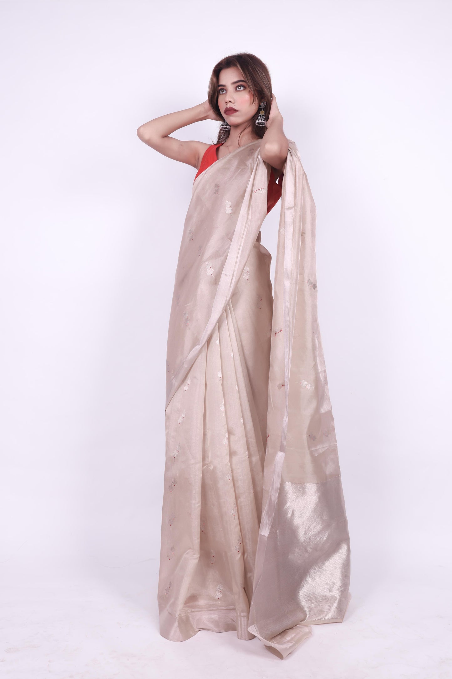 Beige pure chanderi tissue silk saree with meenakari butti,1