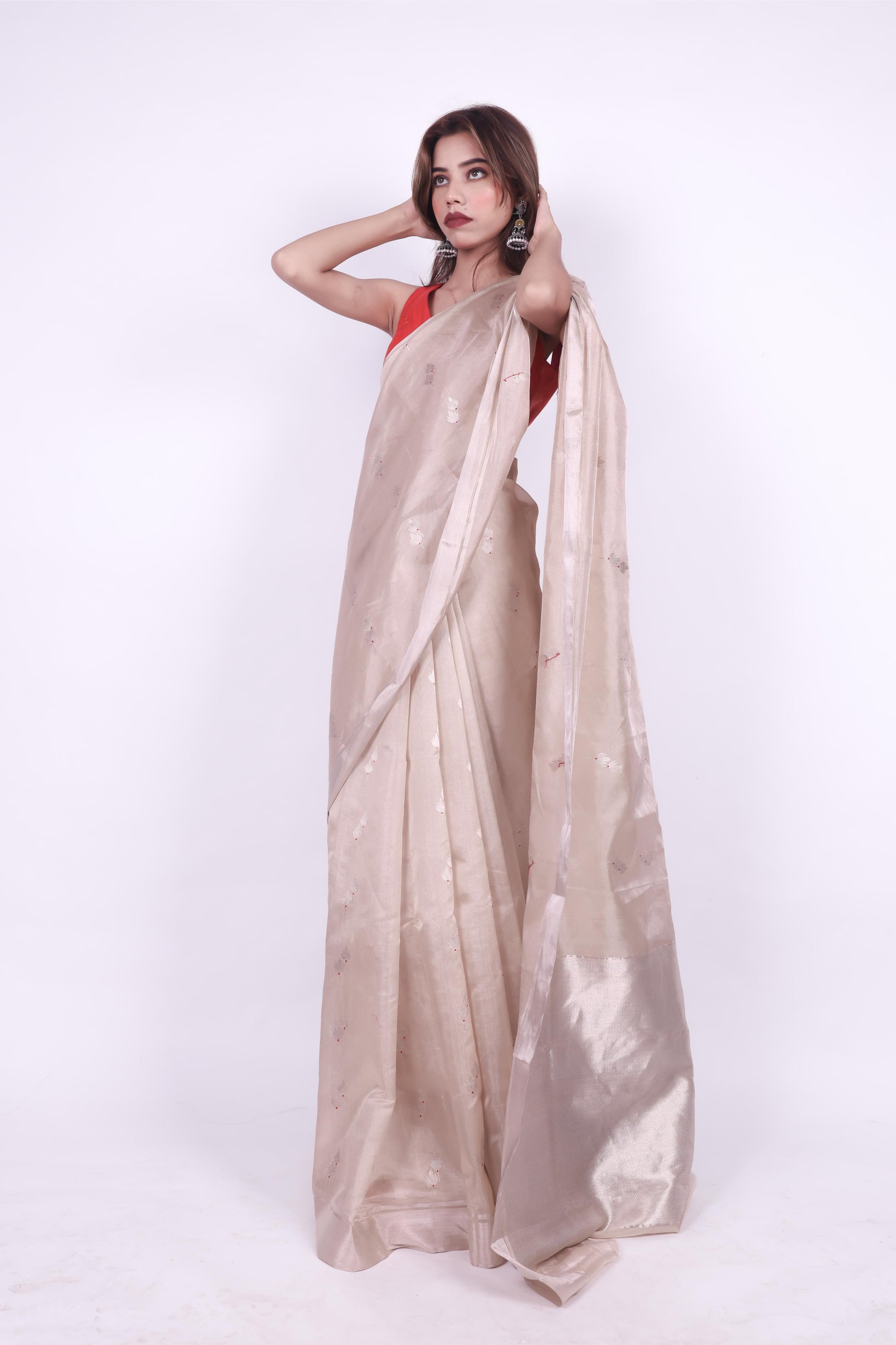 Beige pure chanderi tissue silk saree with meenakari butti,1