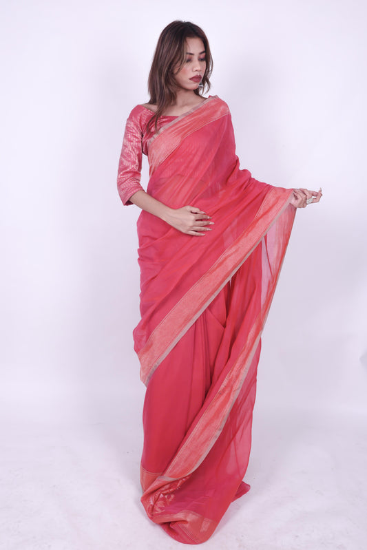 Dark pink pure cotton plain Banarashi saree with Nakashi border and woven ambi on pallu,1