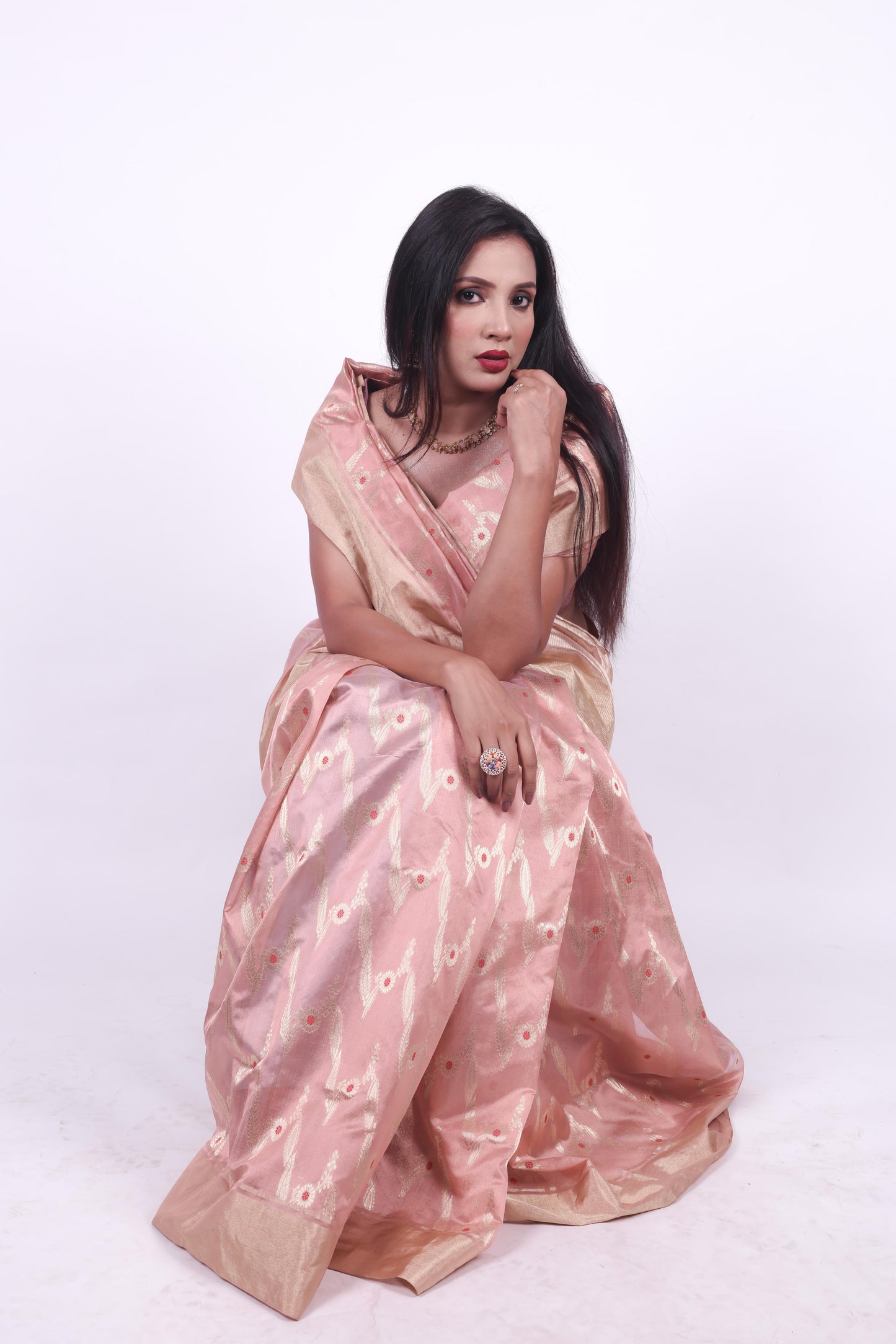 Peach pink pure chanderi silk handwoven zaal saree,2