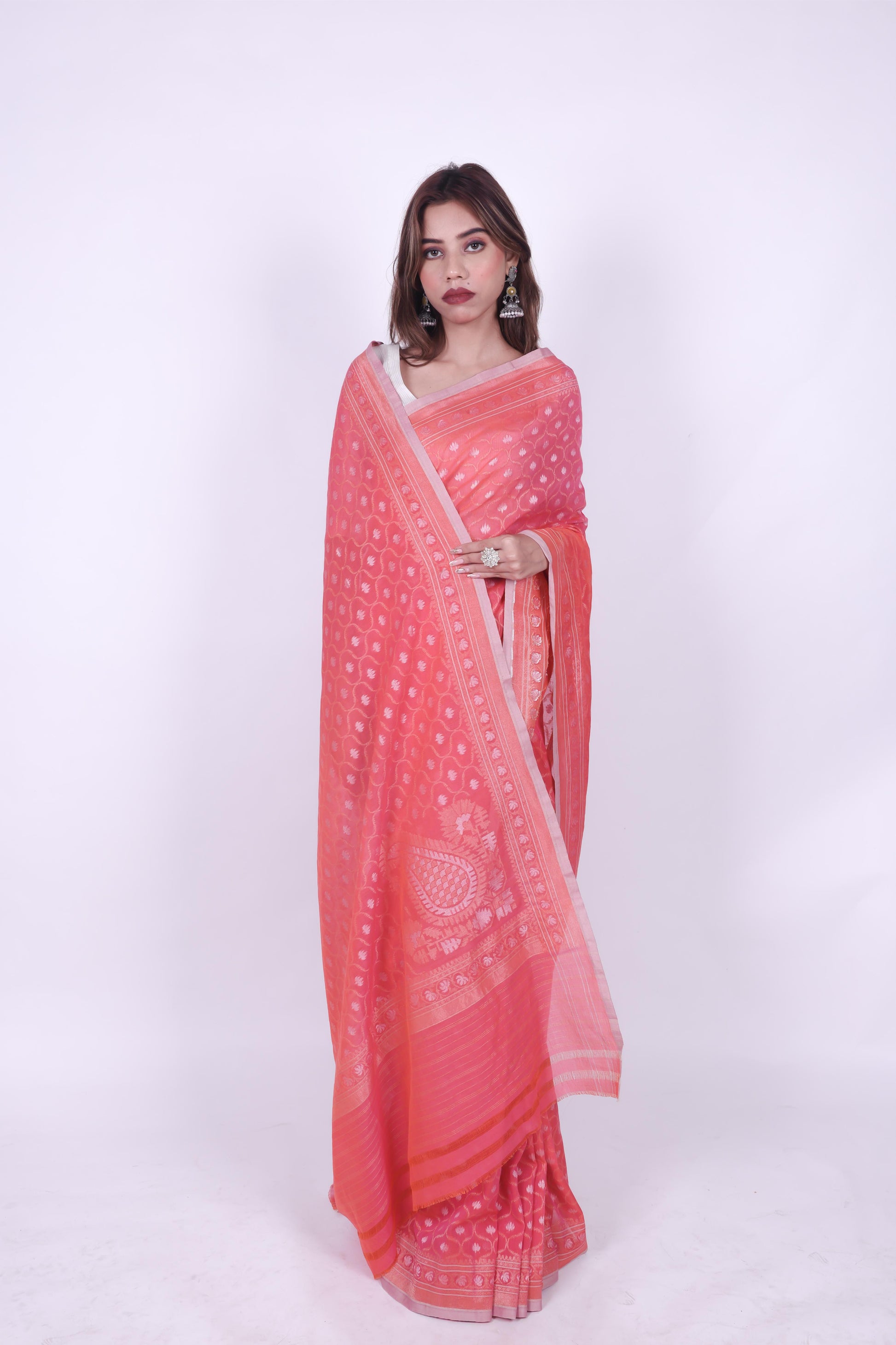 Rose pink pure cotton jamdani handwoven Banarashi zaal saree with ambi on pallu,2