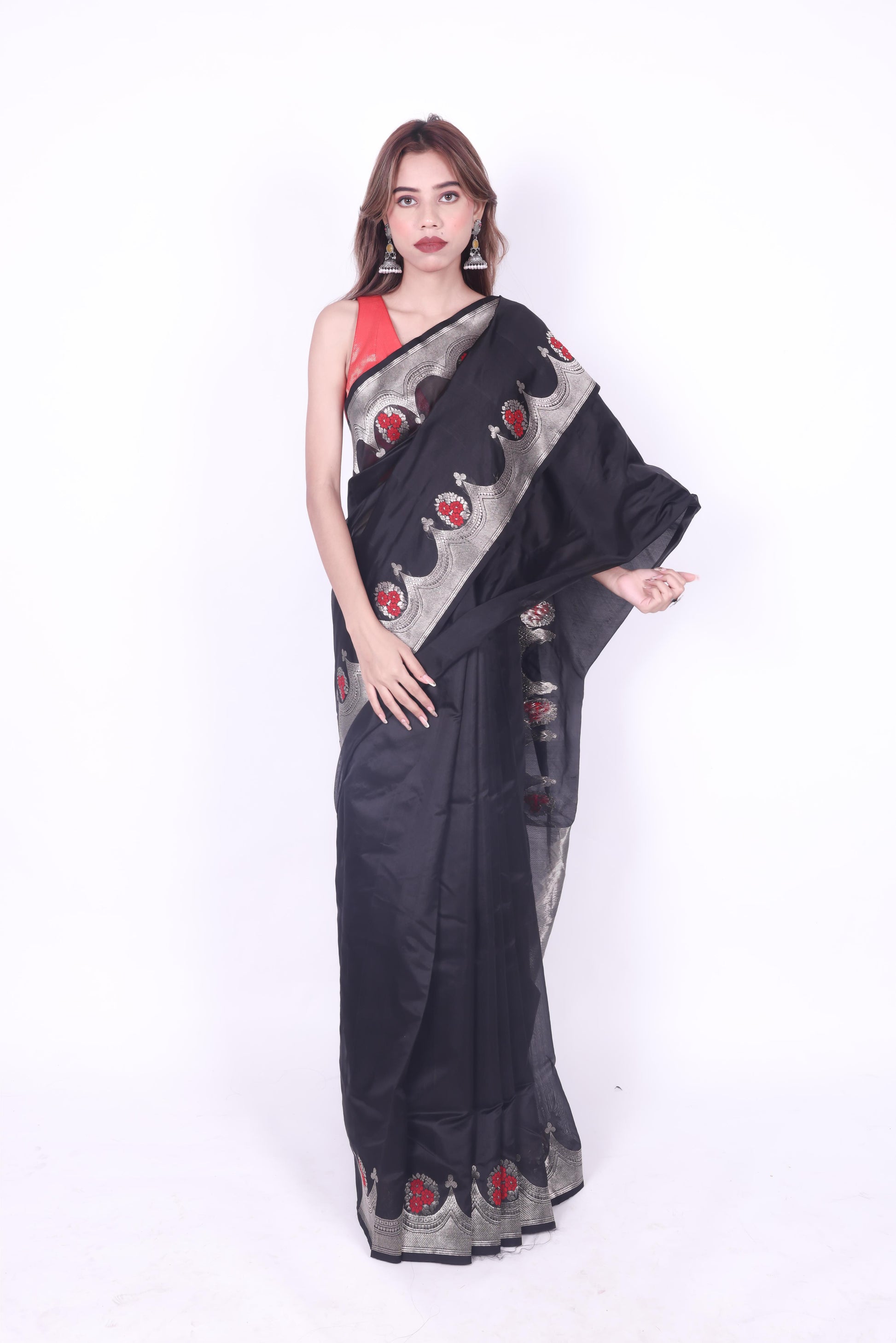 Black plain chanderi silk handwoven saree with nakashi border,1
