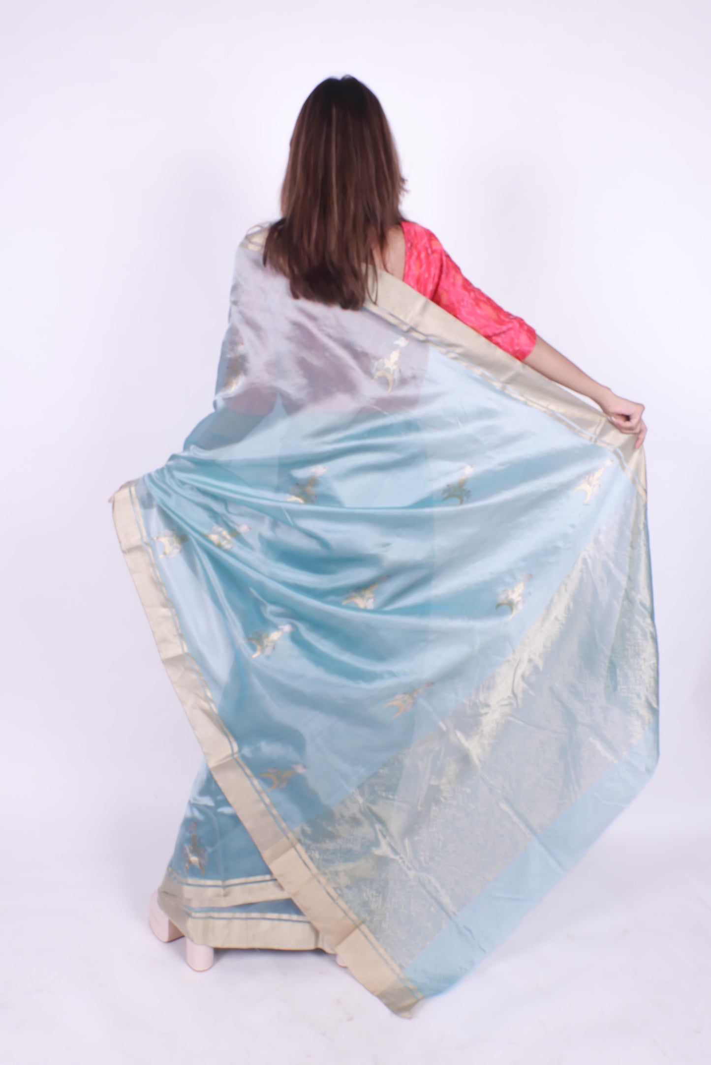 Iced blue pure handwoven chanderi silk saree with chaand Chidiya butti,2