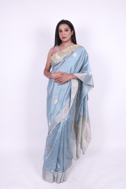 Iced blue pure chanderi silk handwoven saree with meenakari phool butti,1