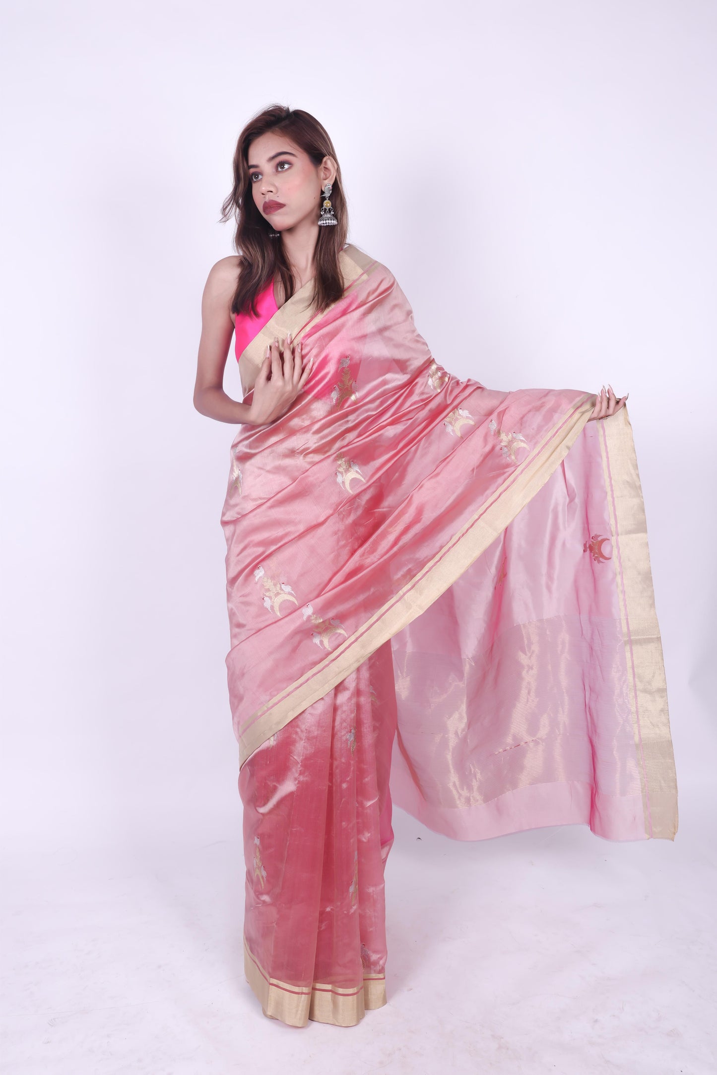 Pink pure chanderi silk handwoven saree with eknaliya Chand Chidiya motif,1