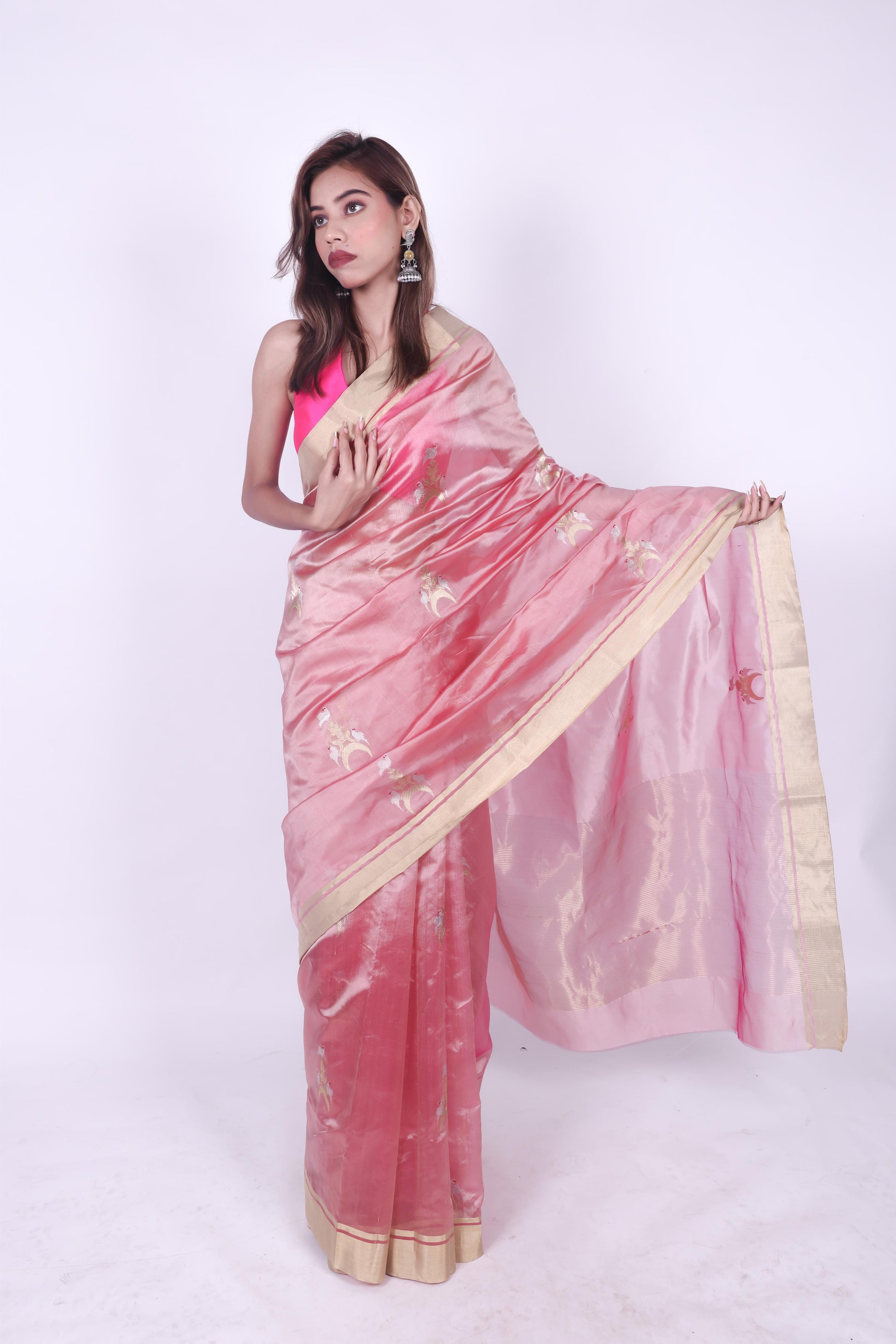 Pink pure chanderi silk handwoven saree with eknaliya Chand Chidiya motif,1