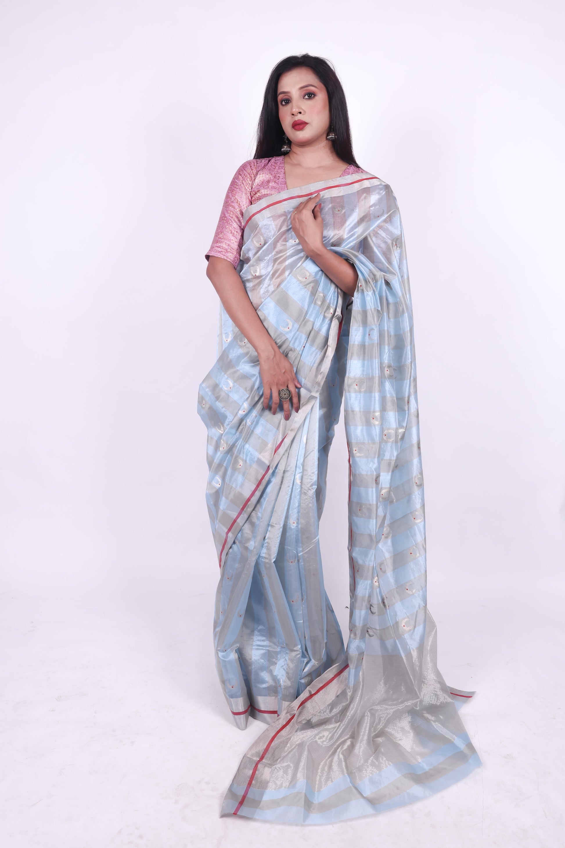 Iced blue and grey striped pure chanderi silk saree wth eknaliya meenakari butti,2