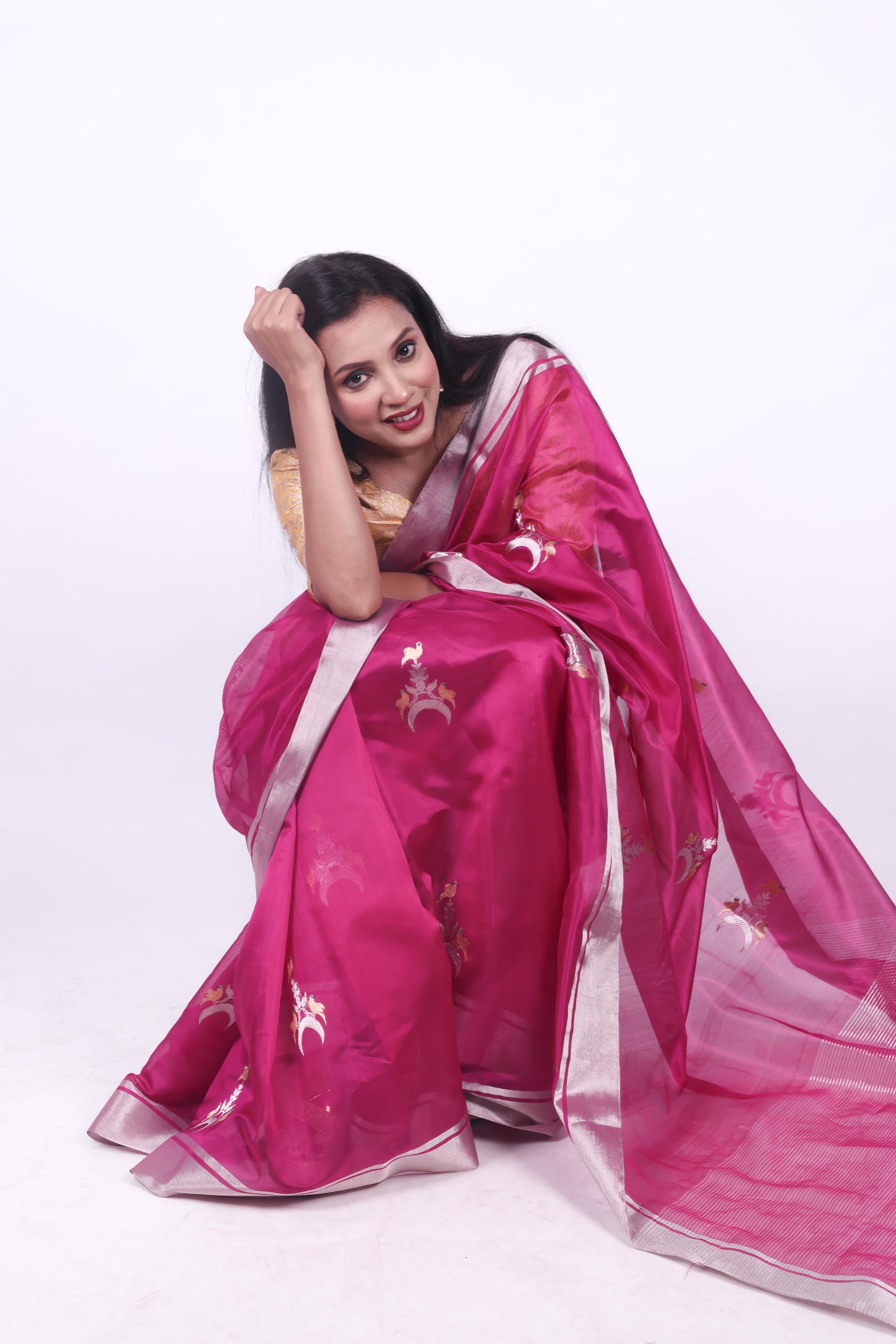 Light wine pure chanderi silk handwoven saree with Chand Chidiya eknaliya motif,1