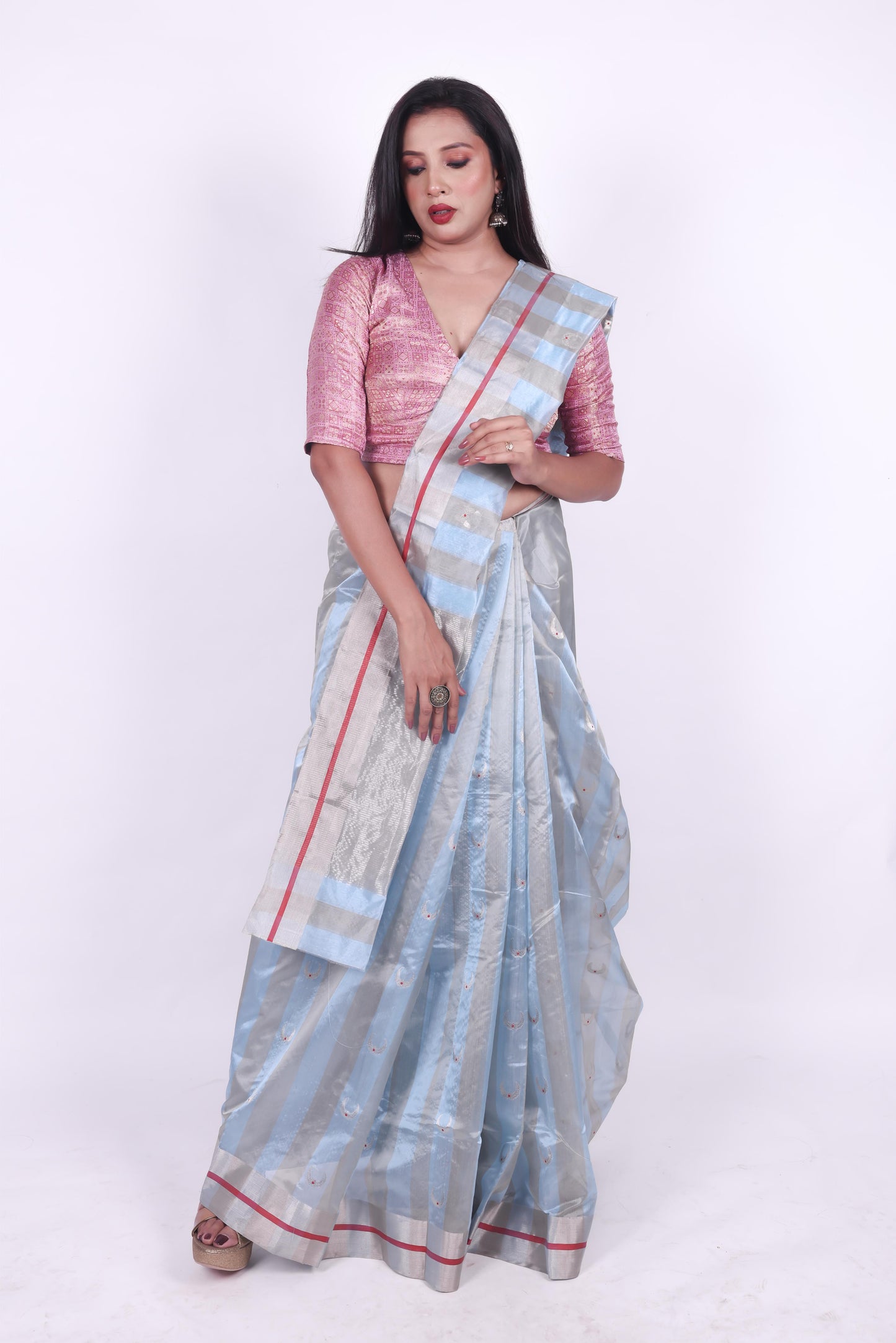 Iced blue and grey striped pure chanderi silk saree wth eknaliya meenakari butti,3