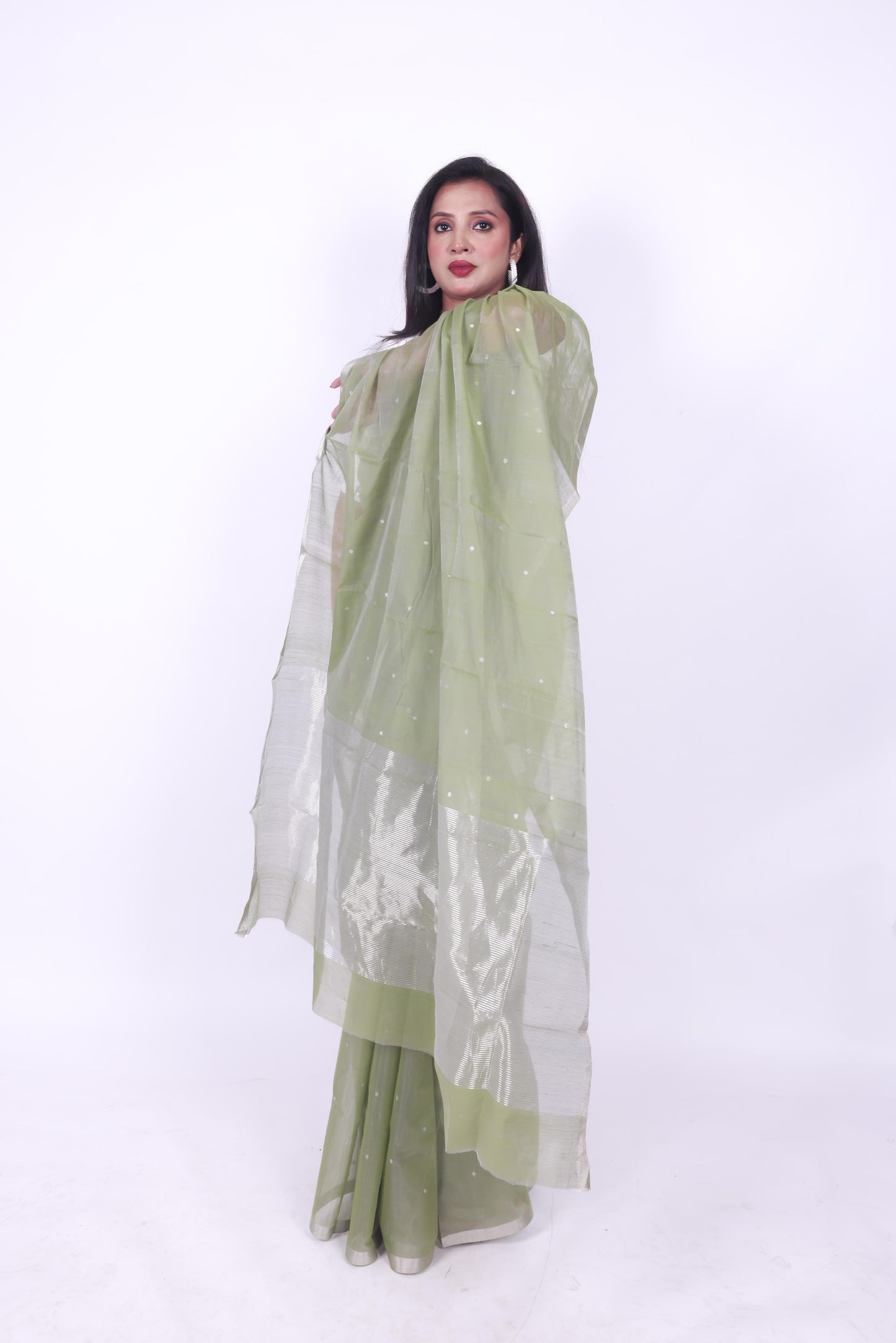 Pista green  pure chanderi cotton star butti saree with silver selvage