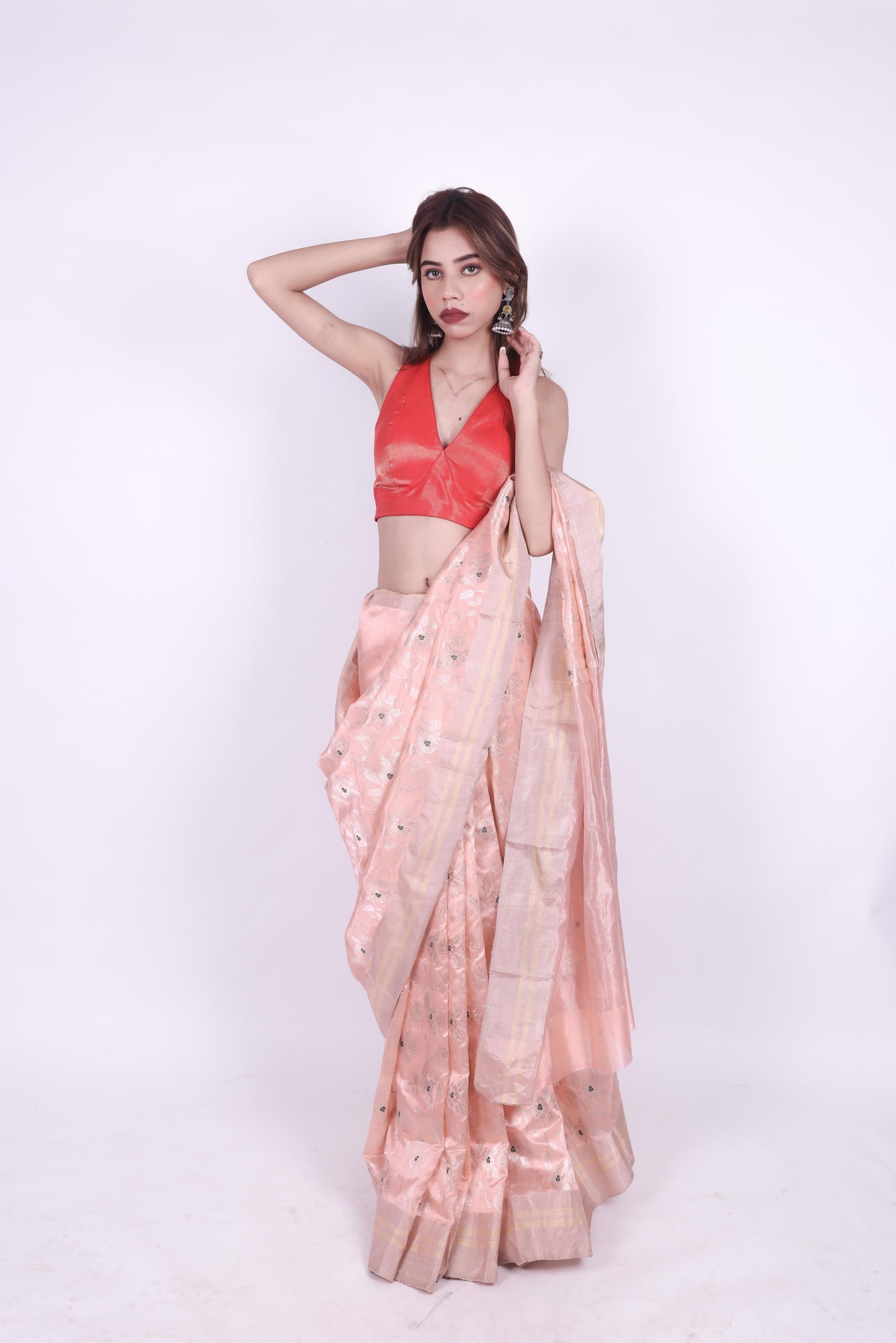 Peach pink pure chanderi silk handwoven saree with phool patti zaal weaving,3