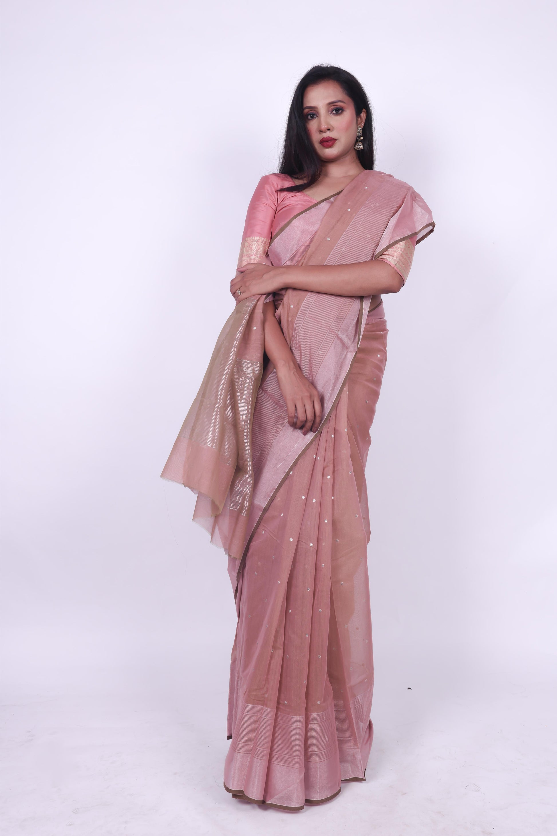 Dusty pink pure chanderi cotton saree with zari border and star butti,1