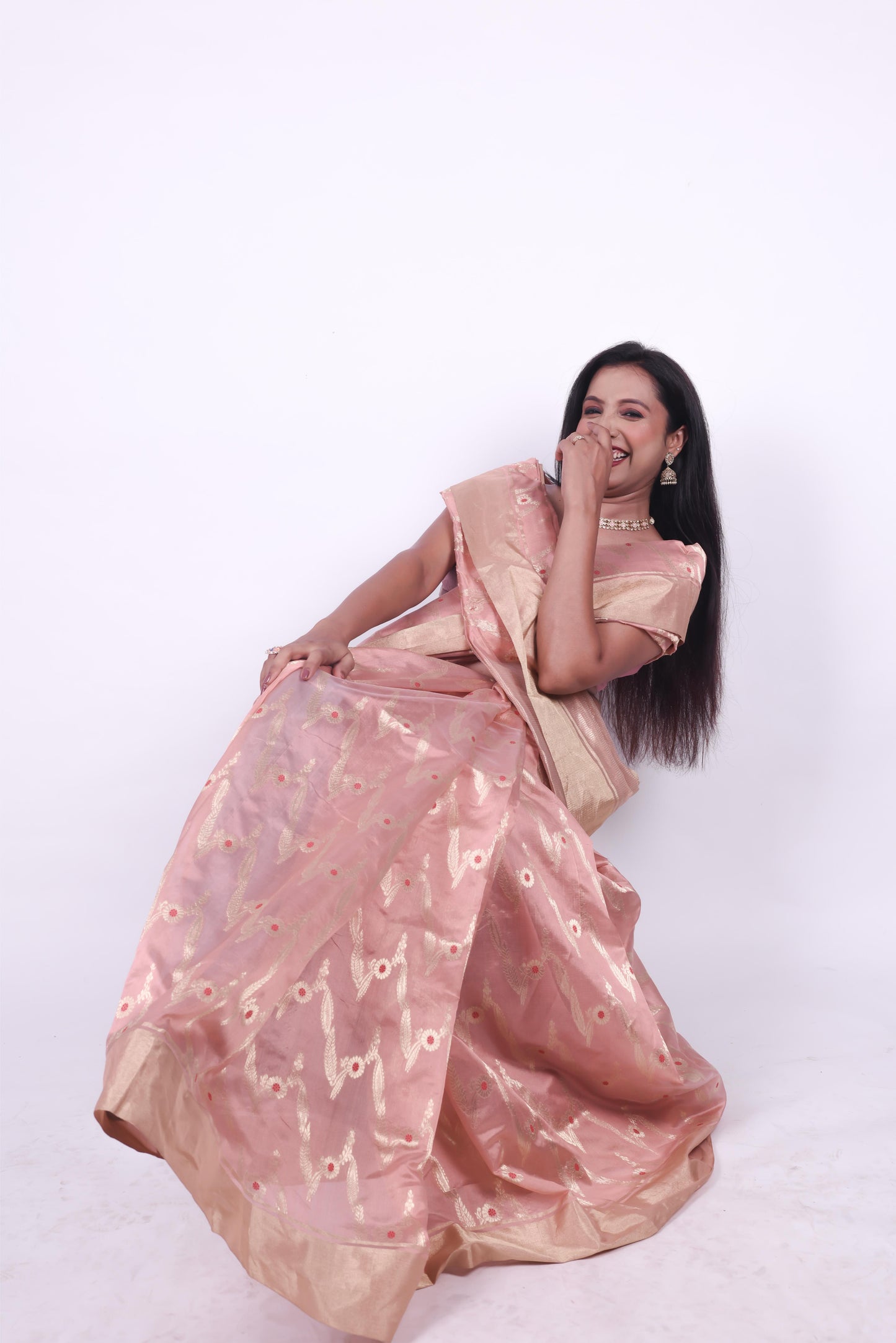 Peach pink pure chanderi silk handwoven zaal saree,3