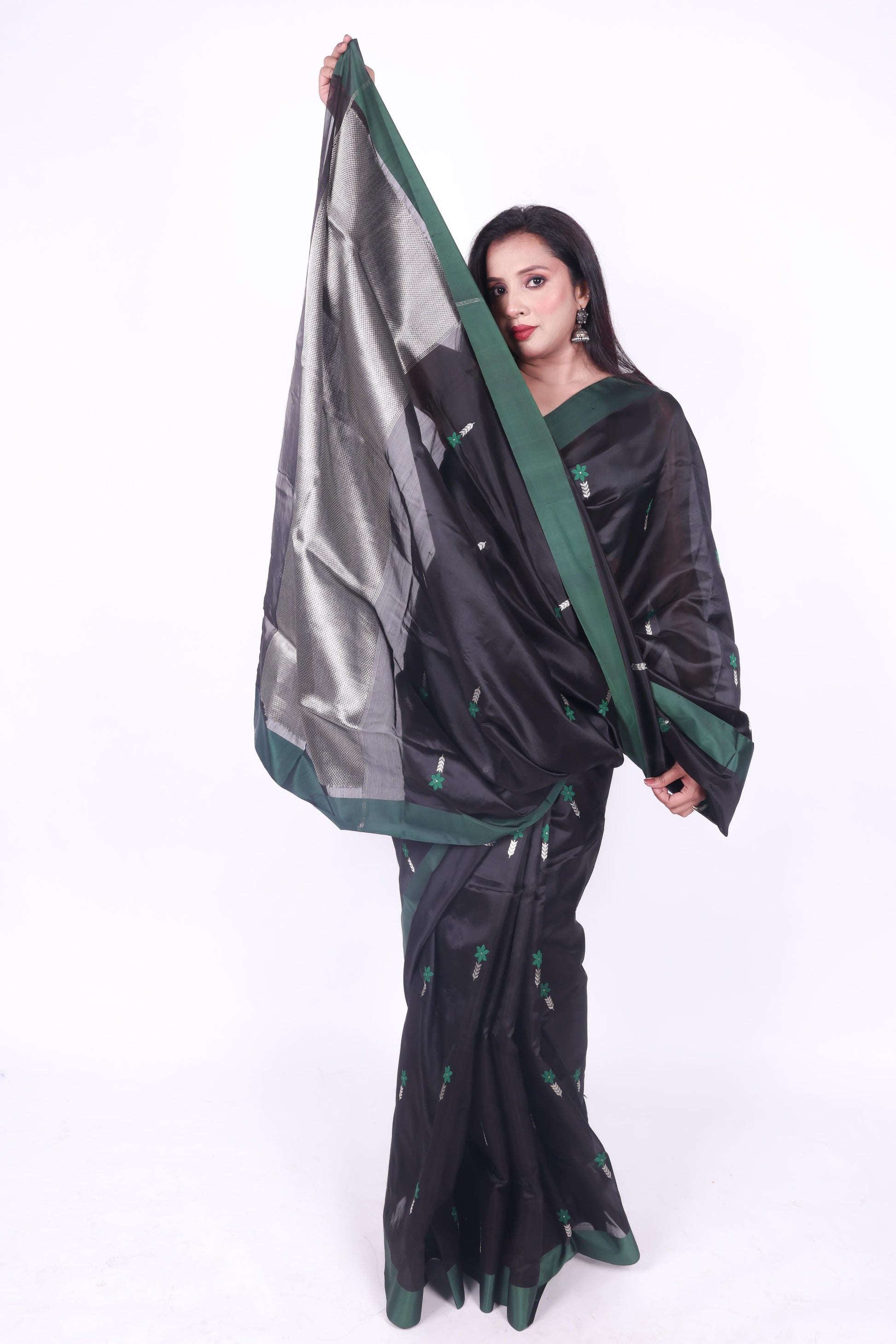 Black pure chanderi silk handwoven saree with meenakari butti and silk border,1