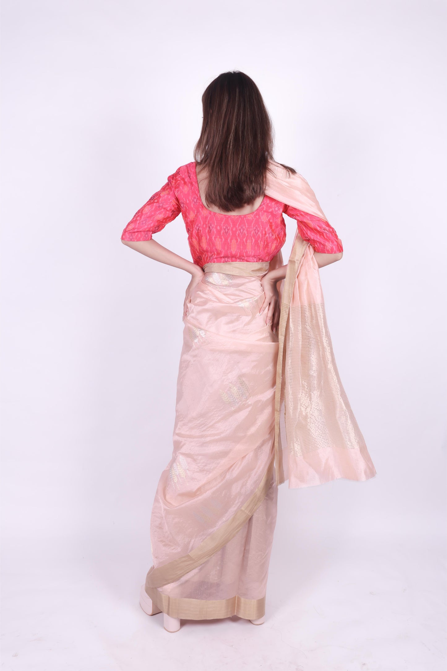Peach pink pure chanderi silk handwoven saree with meenakari butti, front two