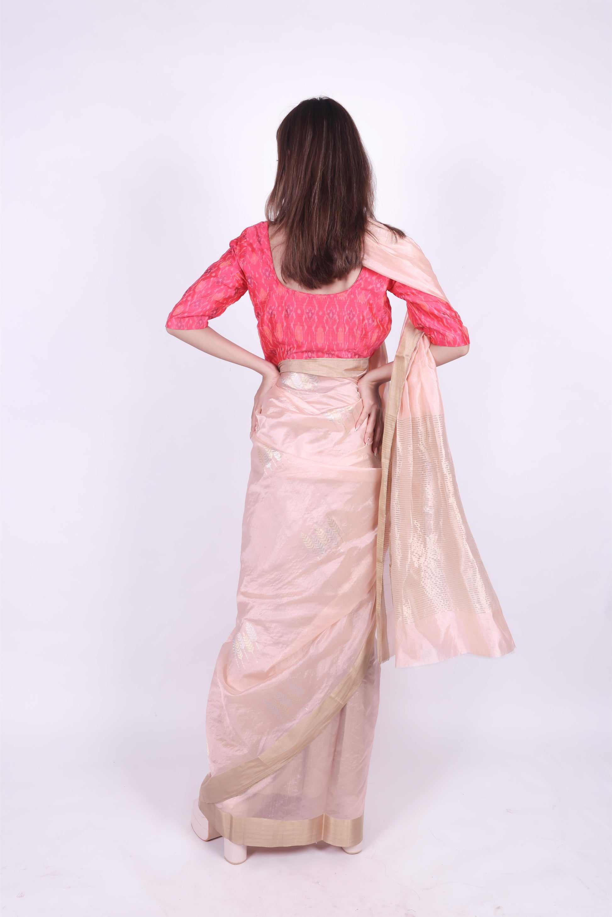 Peach pink pure chanderi silk handwoven saree with meenakari butti, front two
