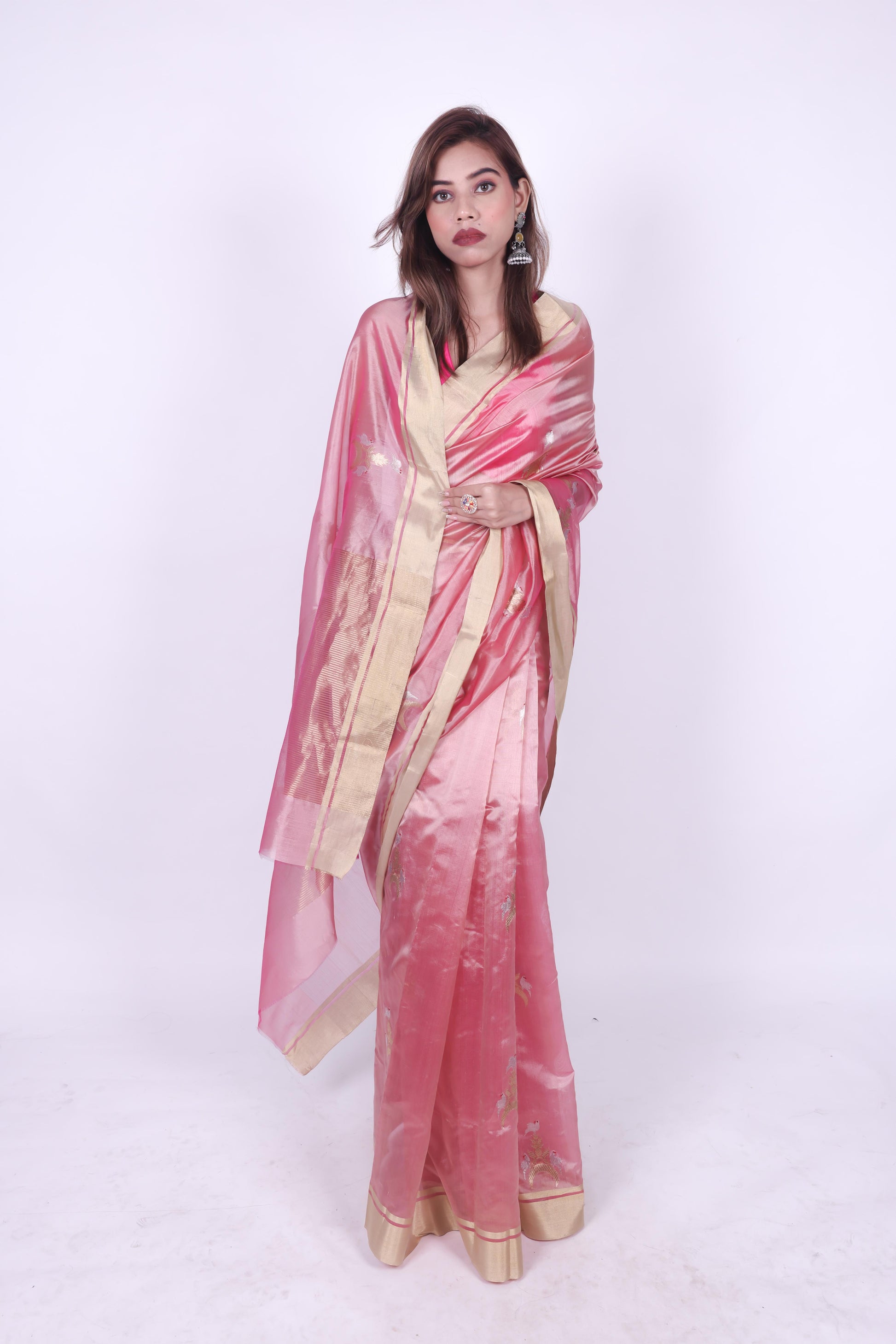 Pink pure chanderi silk handwoven saree with eknaliya Chand Chidiya motif,2