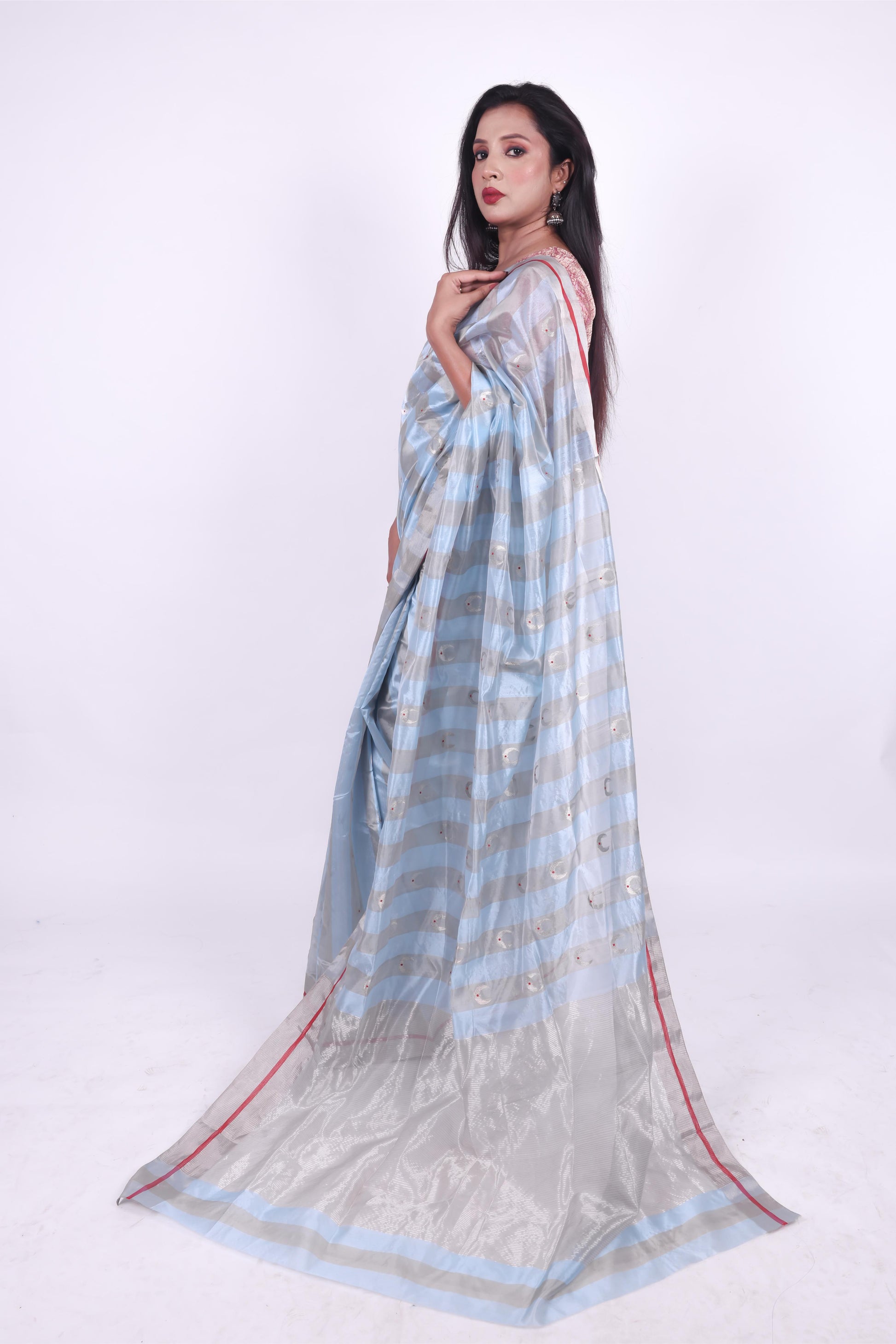 Iced blue and grey striped pure chanderi silk saree wth eknaliya meenakari butti,4