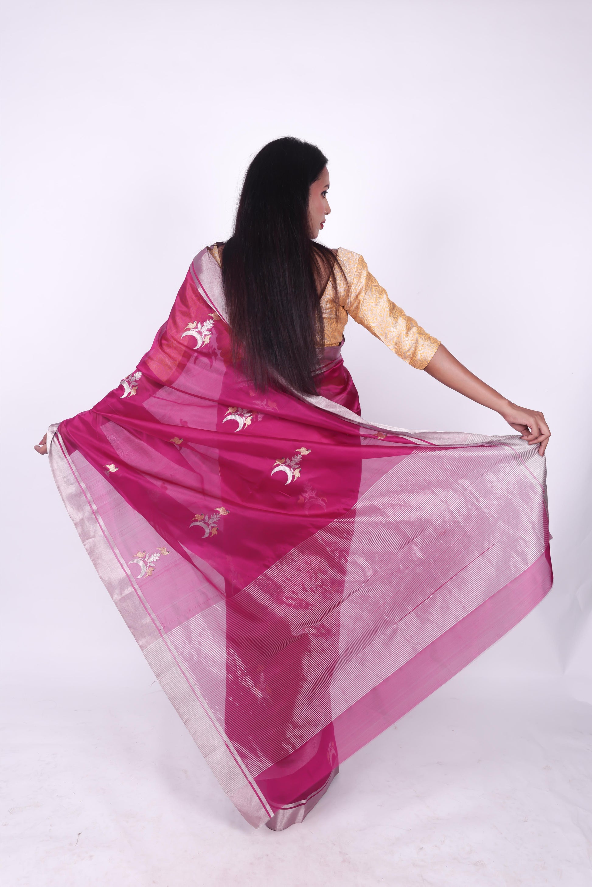 Light wine pure chanderi silk handwoven saree with Chand Chidiya eknaliya motif,3