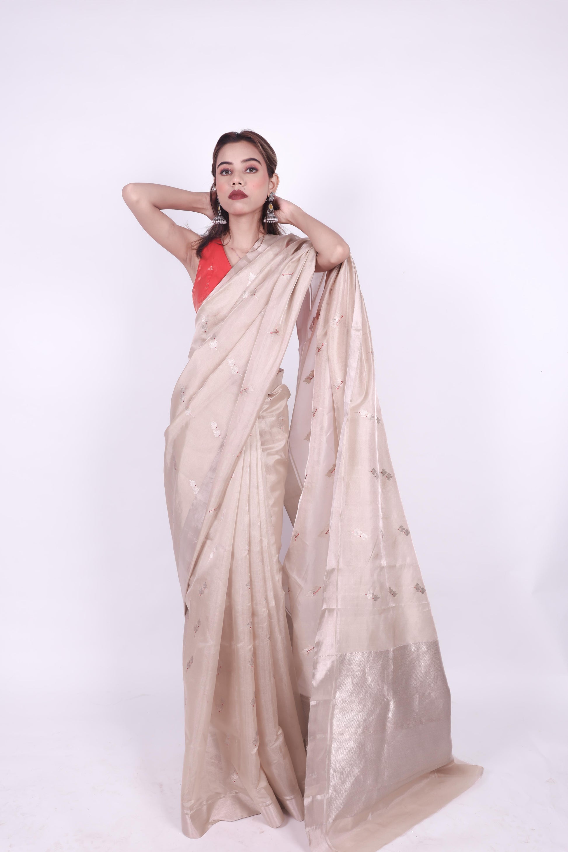 Beige pure chanderi tissue silk saree with meenakari butti,2