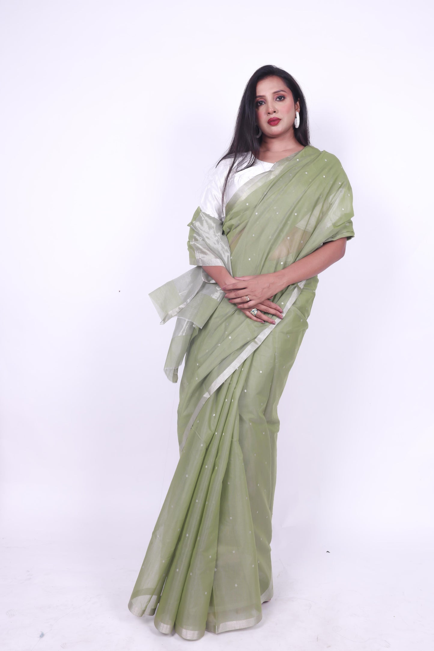 Pista green  pure chanderi cotton star butti saree with silver selvage